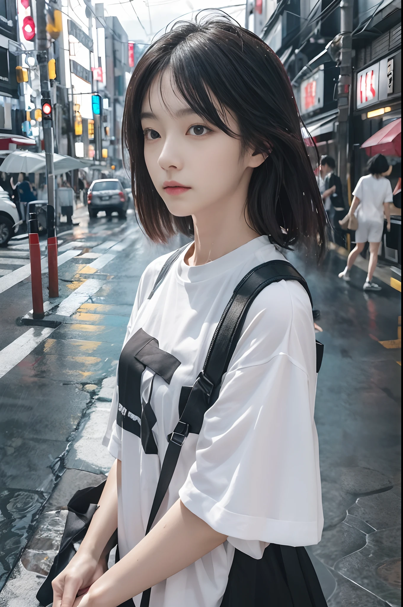 Young woman in rain wet white t-shirt sticks to skin、Weather in the rain、photographed:Araki Shigenobu, Rain with cool black and white t-shirt design and serial experience Japan teenage girl, Text Says: 「September 21」, typographic「September 21」で、Place glue on the sides and bottom of the square screen. , high detailing, 8K, on tokyo street, high details, FUJIFILM New RX、Detailed skin、