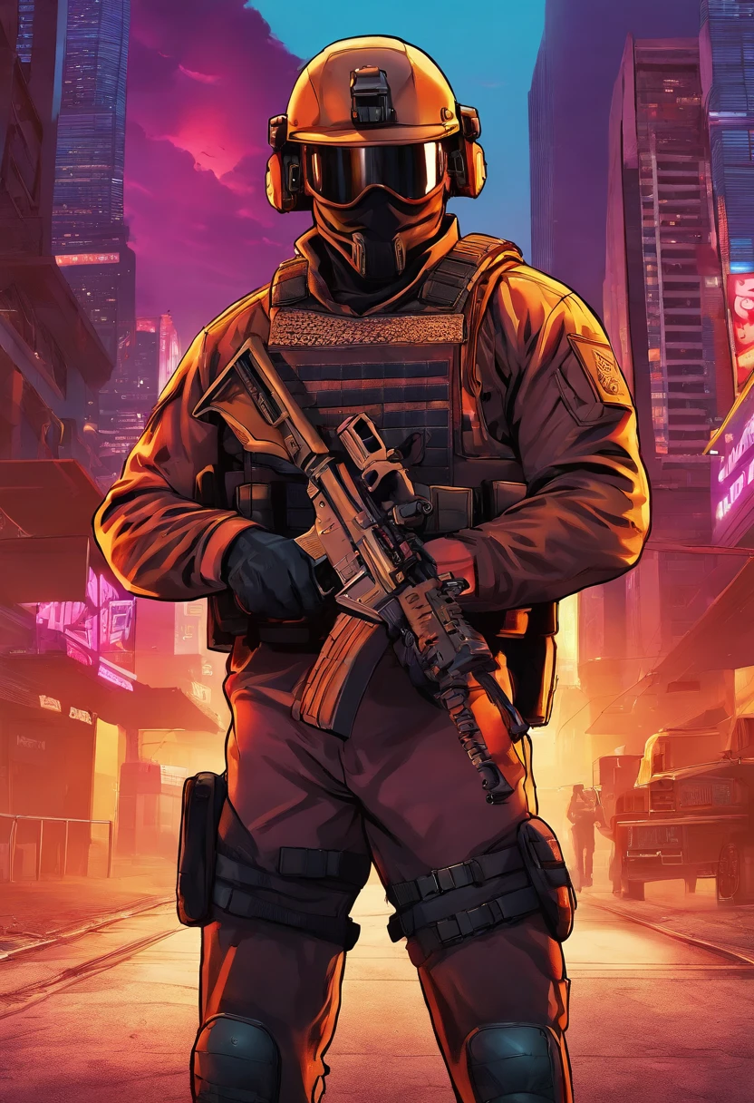 Masterpiece, Best Quality, suntanned skin, ember, Special Forces uniform, bodyarmor, shelmet, looking a viewer,s.w.a.t, leggins, Walks through dark alleys, Overlay plates., Simple background with logo, From Bottom, in the hands of an M16 rifle,