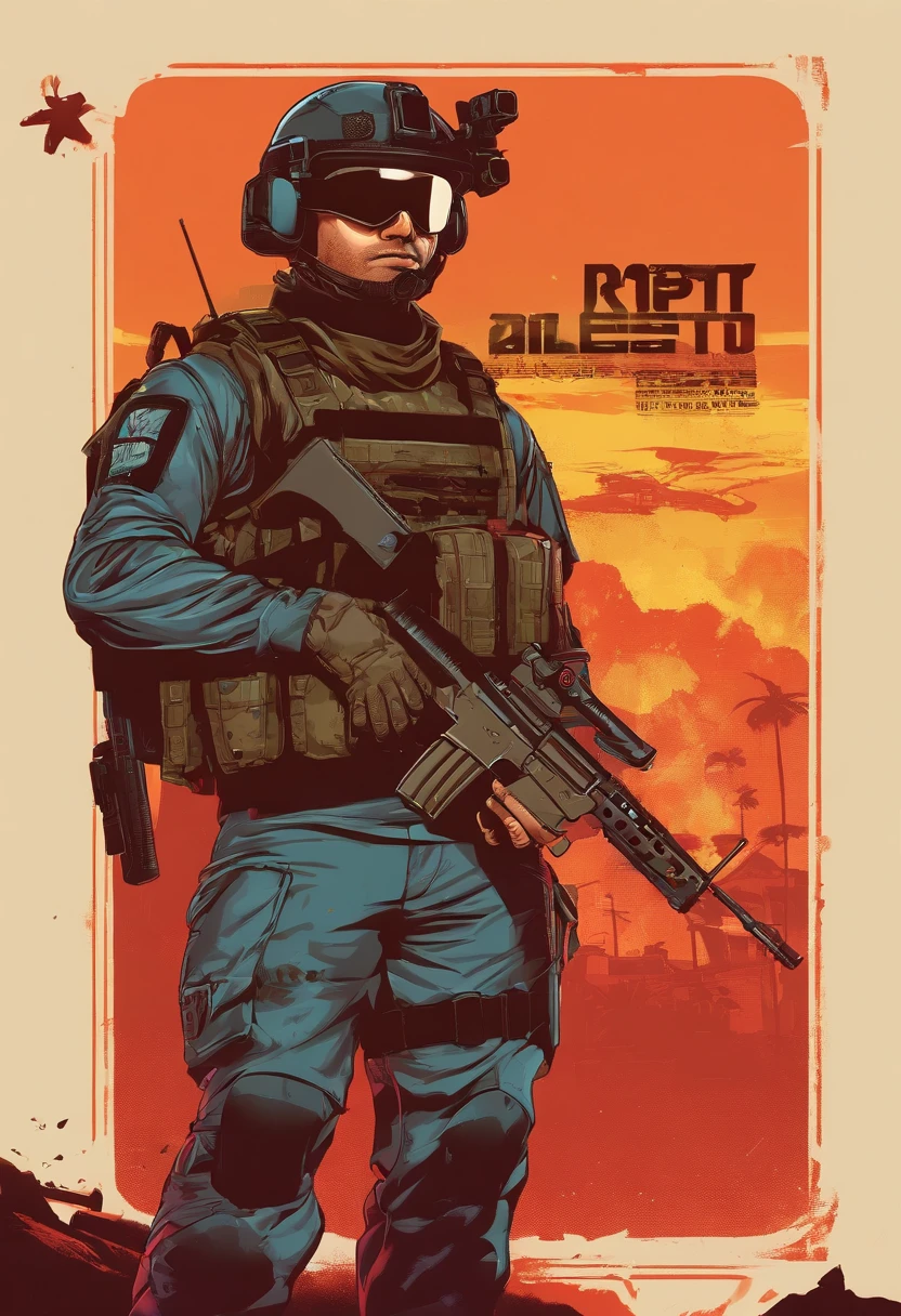 Masterpiece, Best Quality, suntanned skin, ember, Special Forces uniform, bodyarmor, shelmet, looking a viewer,s.w.a.t, leggins, Walks through dark alleys, Overlay plates., Simple background with logo, From Bottom, in the hands of an M16 rifle,