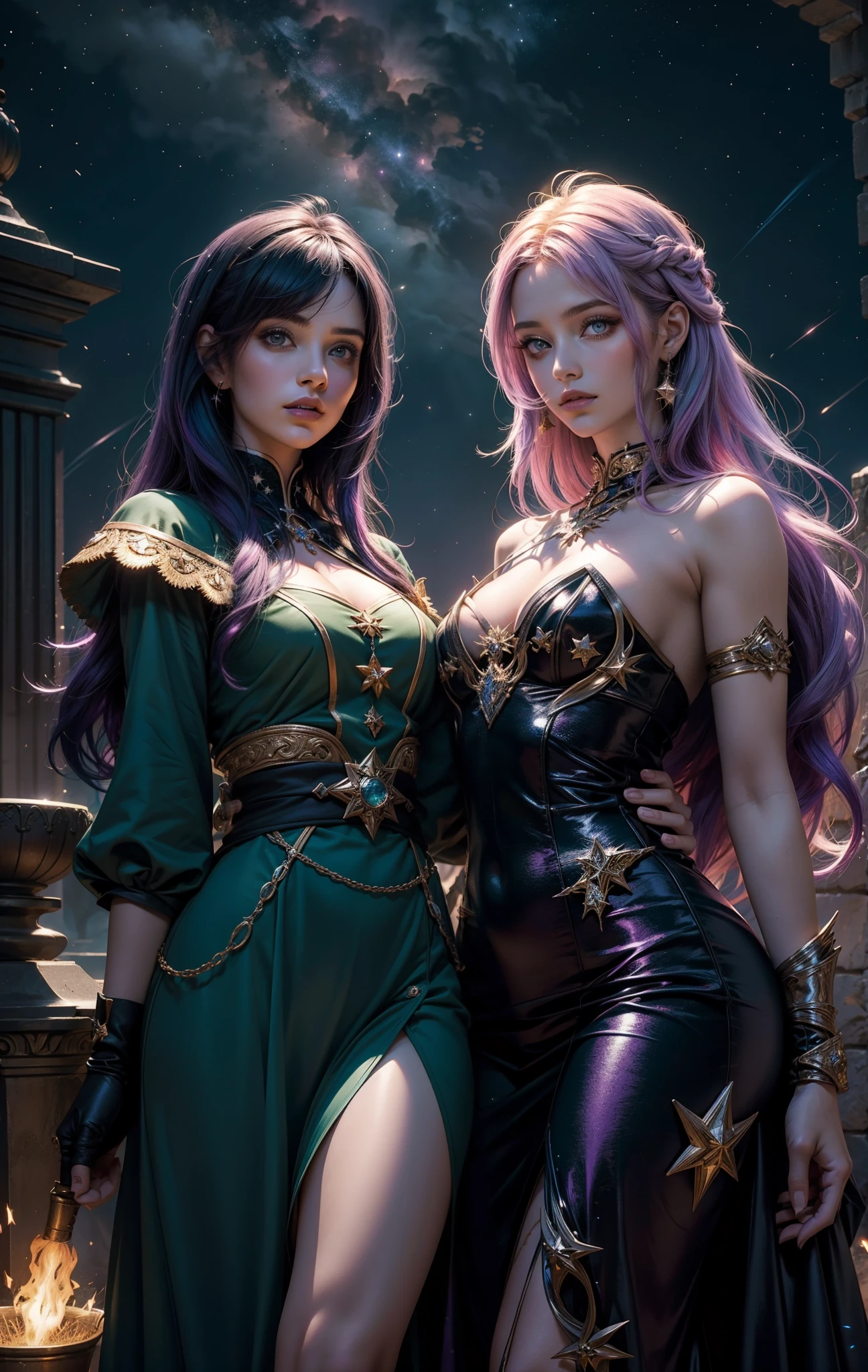 2 mulheres com a magia dourada, The background of the image is dark and starry and full of patches of light with sparks of fire, 2 mulheres de tons de cabelo diferente assim como os olhos, Green and lilac haired women