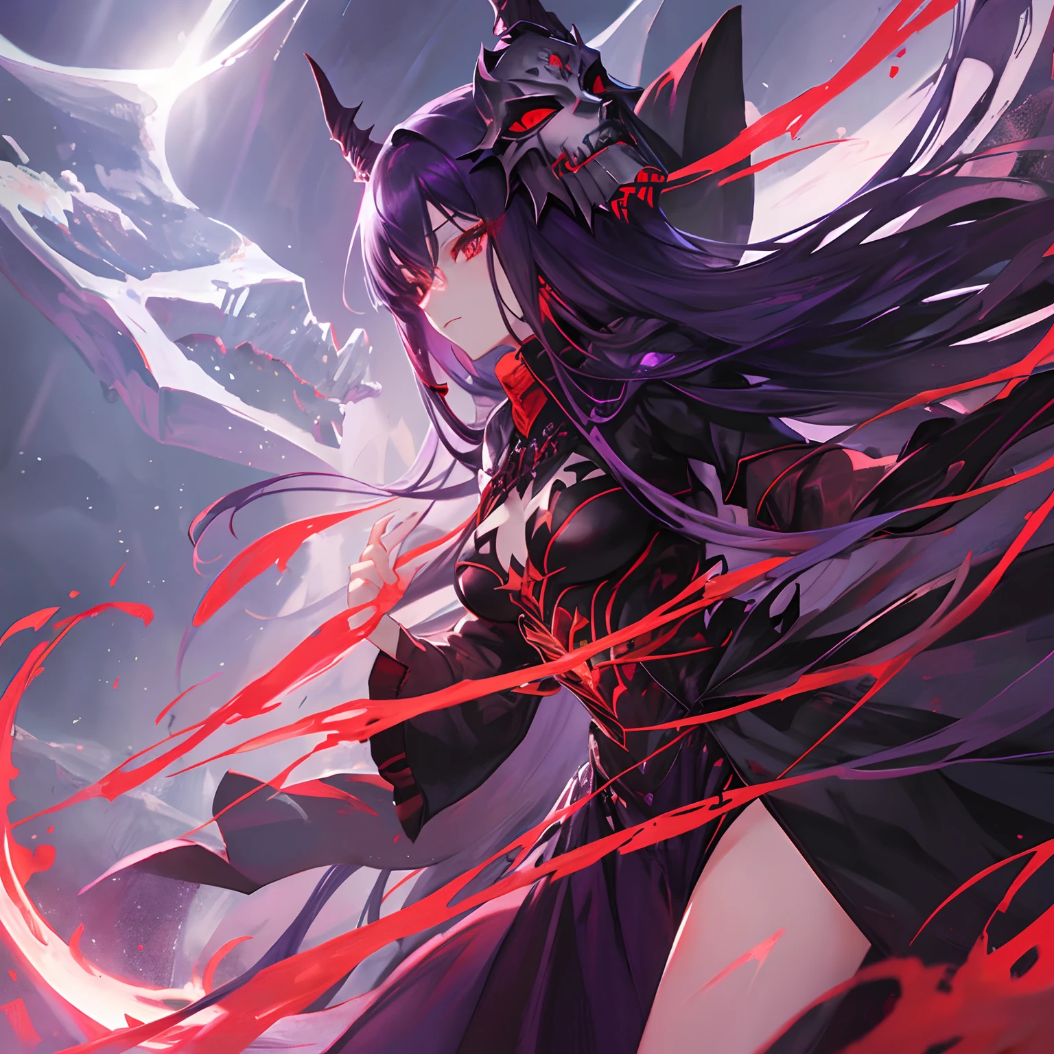 Elegant woman with cool red-purple heterochromia eyes, wearing a red dress, black trousers, long black hair (top quality, 8k, high, masterpiece), highly detailed facial features, intricate details, natural lighting, warm color, soft focus, digital painting, fantasy art, silhouette, red light, eerie atmosphere, foggy, Scythe, weapon, auta merah, partikel hitam.