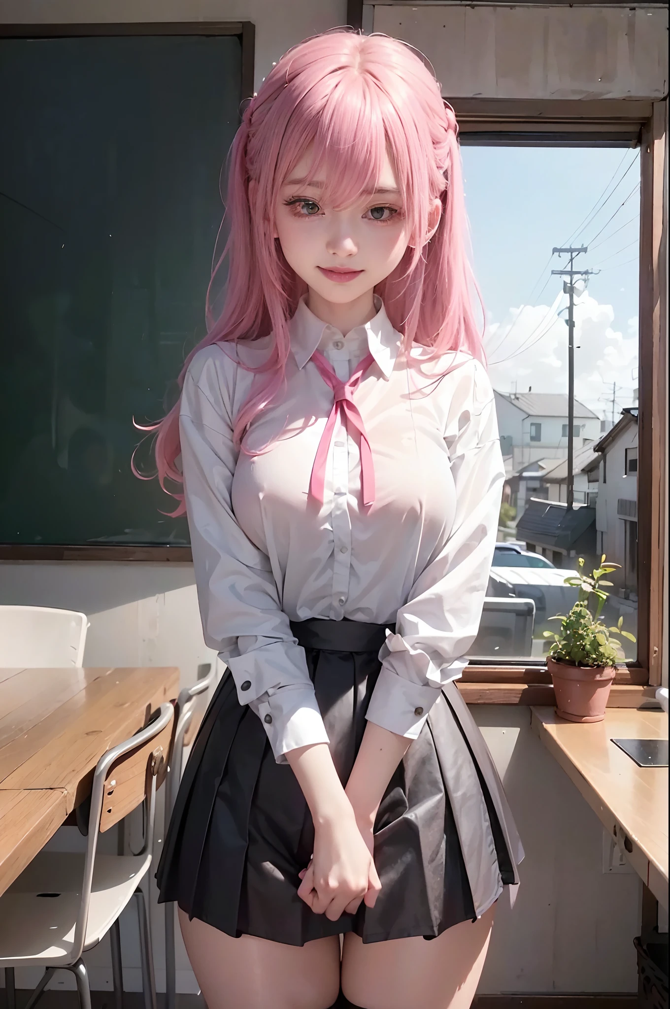 8k resolution, high resolution, single, girl, fair skin, big eyes, long eyelashes, sweet silkworm, deep eyes, lipstick, smile, ((pink hair)), messy hair, hair details, face details, ((white slip shirt)), ((black dress)), summer sun, nature, cute little animals, cute girl, silly cute, girly, white tights