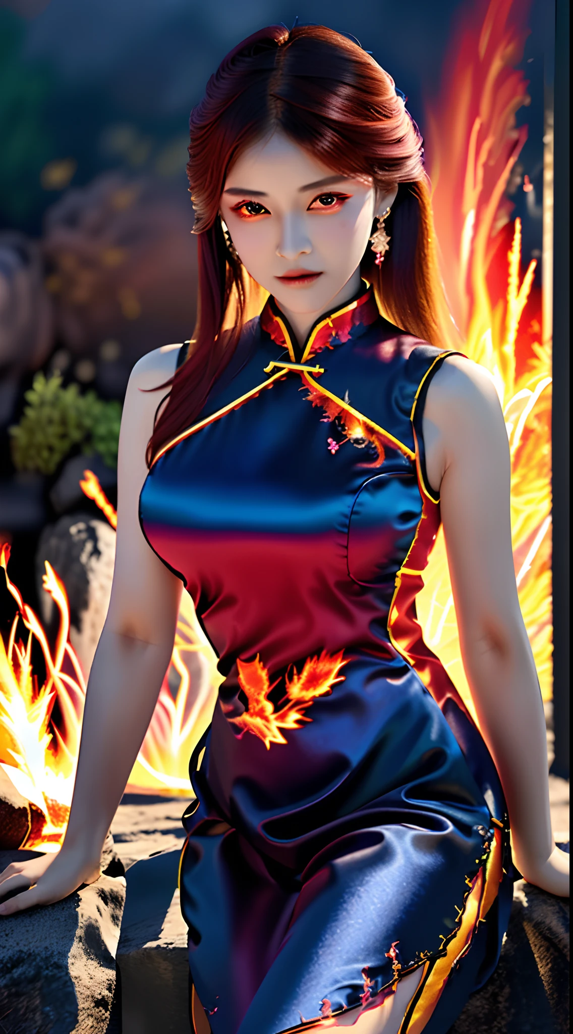 最high quality、high quality、Best image quality、8K、最High resolution、High resolution、最high quality、masterpiece、RAW Photos、whole body写真、Detailed and realistic human body、Detailed and realistic skin、Realistic face in every detail、Detailed and realistic eyes、Detailed and realistic lips、Detailed and realistic teeth、Detailed and realistic ears、Detailed and realistic hair、Realistic reproduction of every detail、((Beautiful Hands(thumb1、reference4))、Realistic feet down to the last detail、((Beautiful Japanese Girl))、(Japanese Model)、 Year old beautiful girl))、(Black Hair)、(Random Hairstyles)、((whole body))、((Slim and perfect figure))、(Beautiful and firm breasts)、(whole body光沢肌、Fair skin)、((Mysterious cloth engulfed in flames(A dress made of fire))、((Burning Dresses))、((The fiery dress shows off her curves.))、Sexy pose