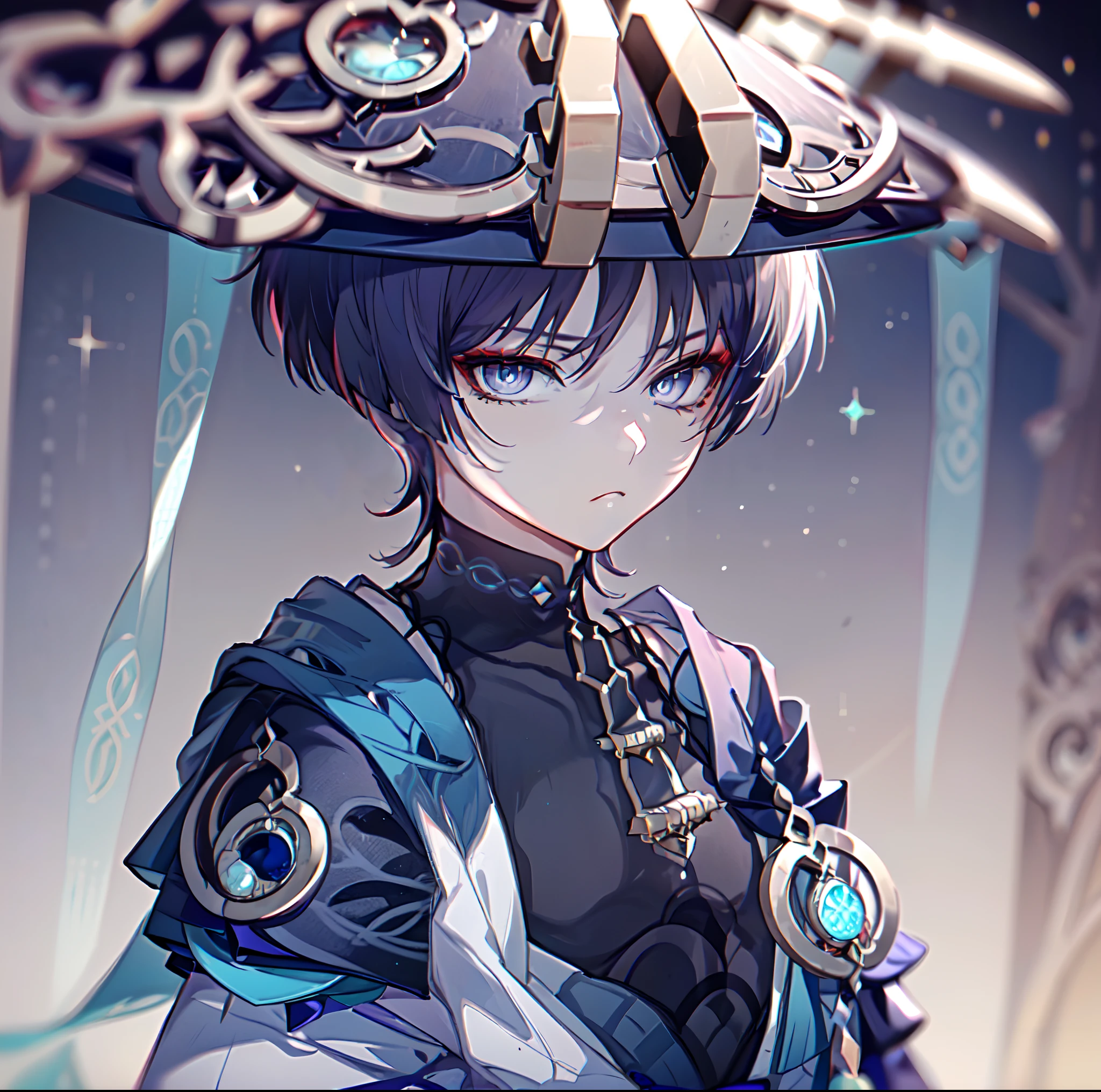 Wanderer (genshin impact), Wanderer from Genshin Impact, Scaramouche (genshin impact), Scaramouche from Genshin Impact, (masterpiece, best quality: 1.5)), ((male focus, 1boy, solo)), ((male, man, boy)), (indigo eye color, bangs, dark indigo hair color, red eyeliner: 1.3), (surreal, depth of field, reflection light, glitch, extremely detailed ch unity 8k wallpaper, incredibly absurdres, absurbres, highres, wallpaper, RAW Photo, shut up, masterpiece, best quality: 1.65), ((short hime cut, undercut, bowcut, short hair)), ((hatwear, official outfit)), ((white background, plain background, boring background)), (looking at the audience, looking at viewer: 1.2), ((upper body, close up, head)), (kbxll:0.6), {{{flatchested}}},