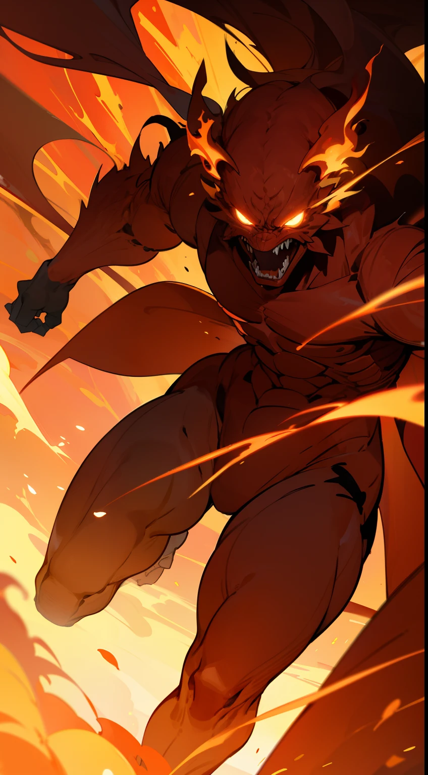 "An incredibly detailed illustration of a monstrous fire humanoid creature, with the best lighting and the most realistic shadows. A dynamic approach and dramatic angle, with an emphasis on its powerful and fierce bearing. Its bright, colorful blazing flames further intensify its terrifying appearance. The background has effects