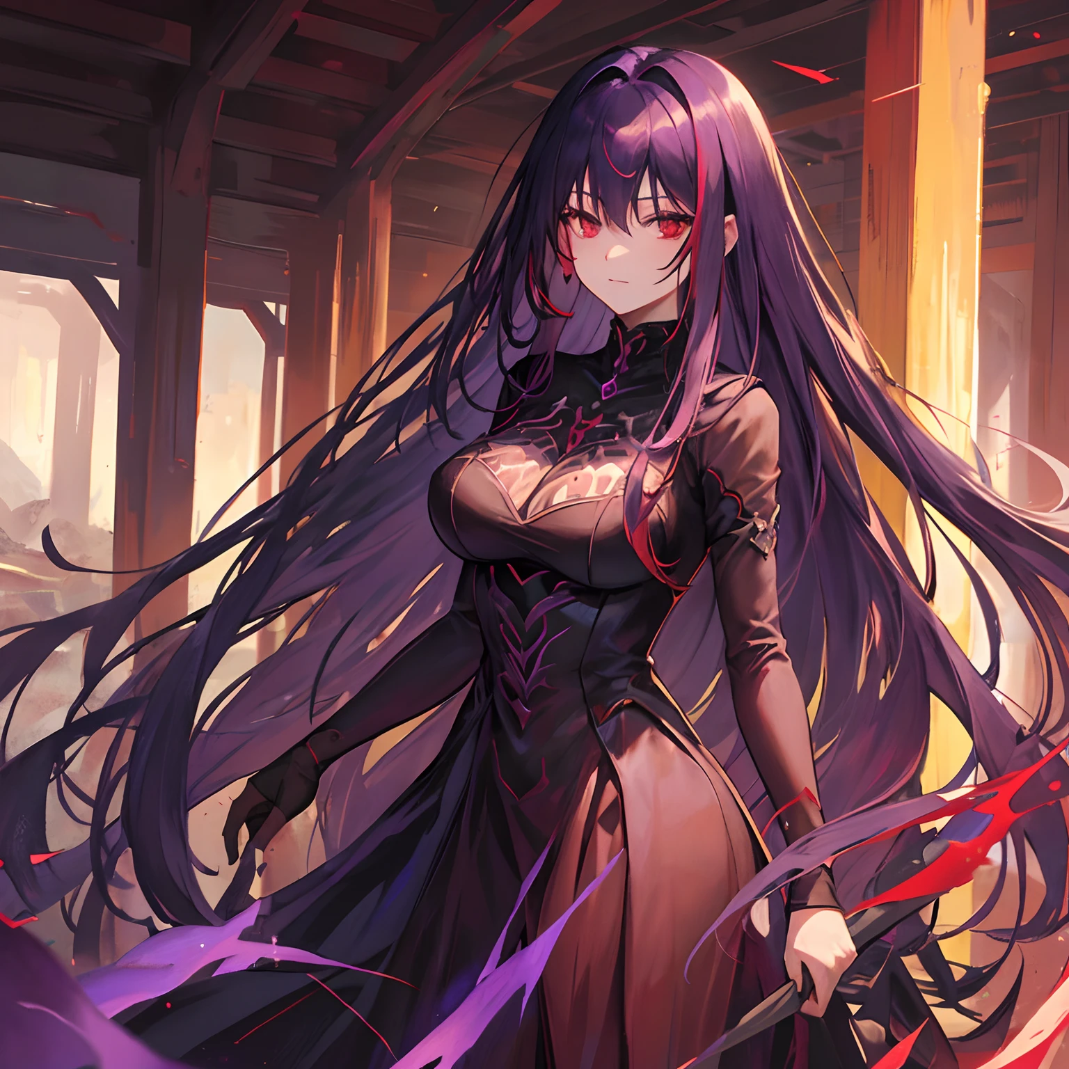 Woman, long dark purple hair, red eyes with a bright light, black long dress, witch, silver jewelry in the shape of ribs, metal mask on half of the face,
