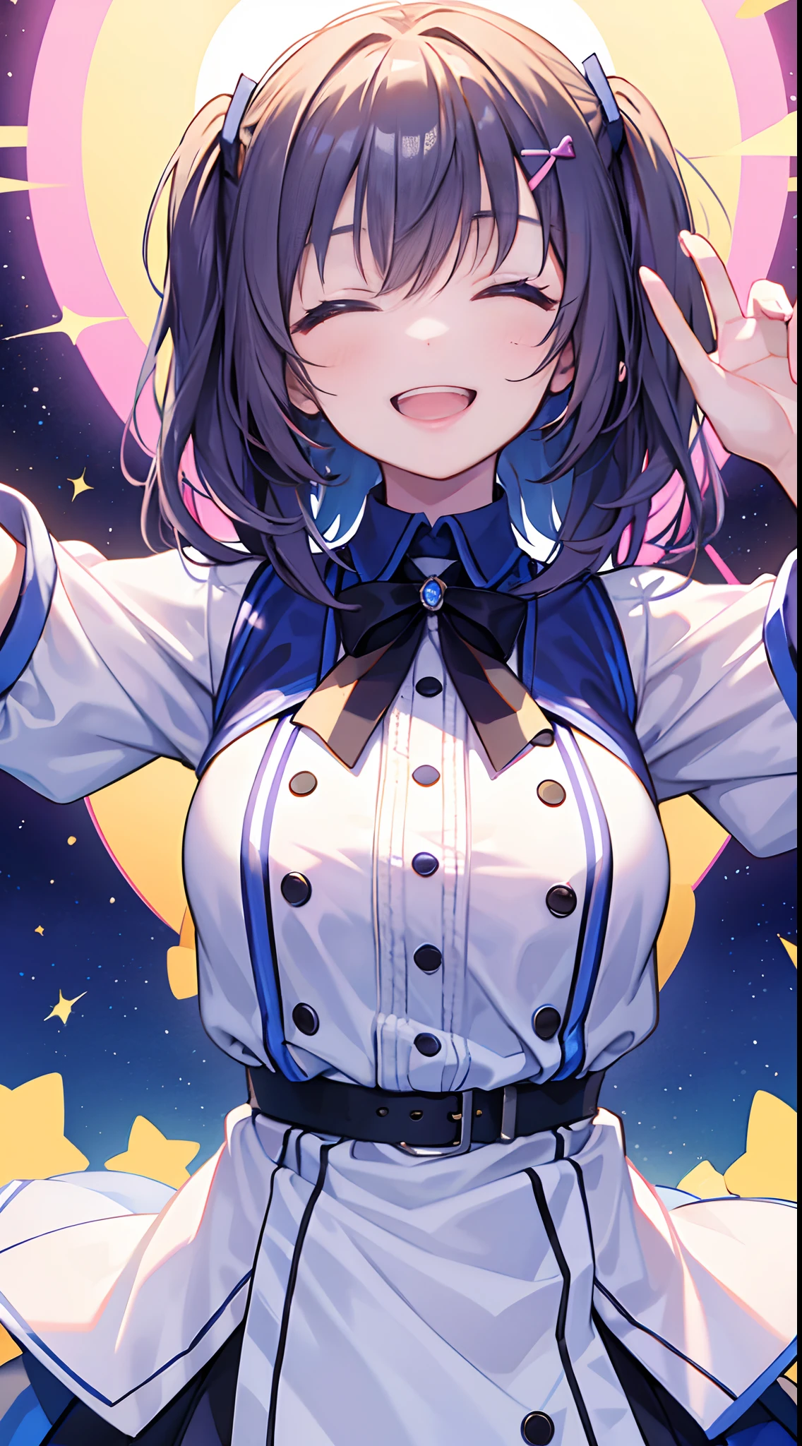 A girl who is smiling happily, smiling, happy expression, close both eyes