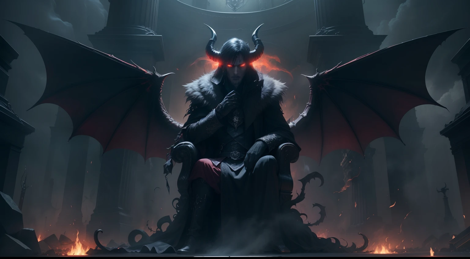 (best quality,4k,8k,highres,masterpiece:1.2),ultra-detailed,(realistic,photorealistic,photo-realistic:1.37),dark,moody,devil,demon,menacing,malevolent,red hellfire,smoke,floating,ominous,glowing eyes,sharp horns,dark wings,regal,thrones,fiery backdrop,enchanted,ominous lighting,sinister,haunting,reign,authority,Tartarus,dark underworld,evil grin,commanding,lord of darkness,mystery,aura
