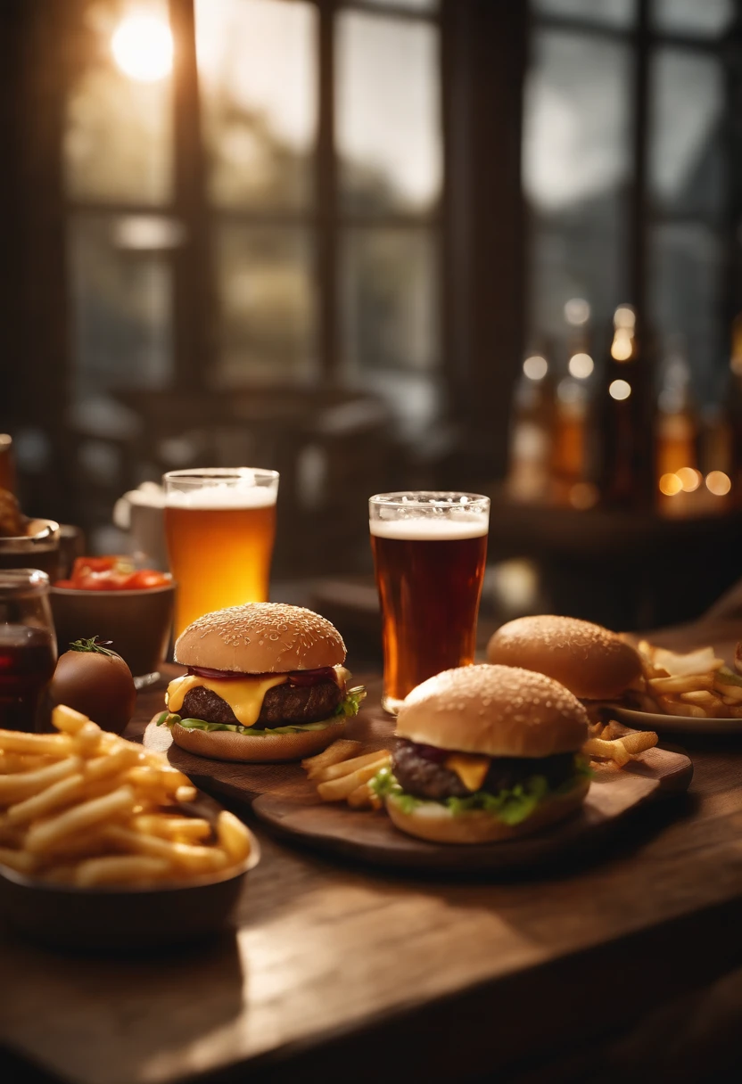 (best quality,4k,highres,realistic),medium shot,detailed beer glasses,detailed hamburgers,low light,cinematic scene,warm color tones,subtle shadows,textured wood table,crispy fries,vibrant condiments,juicy beef patties,soft sesame buns,grilled onions,melted cheese,glistening beer foam,moody atmosphere