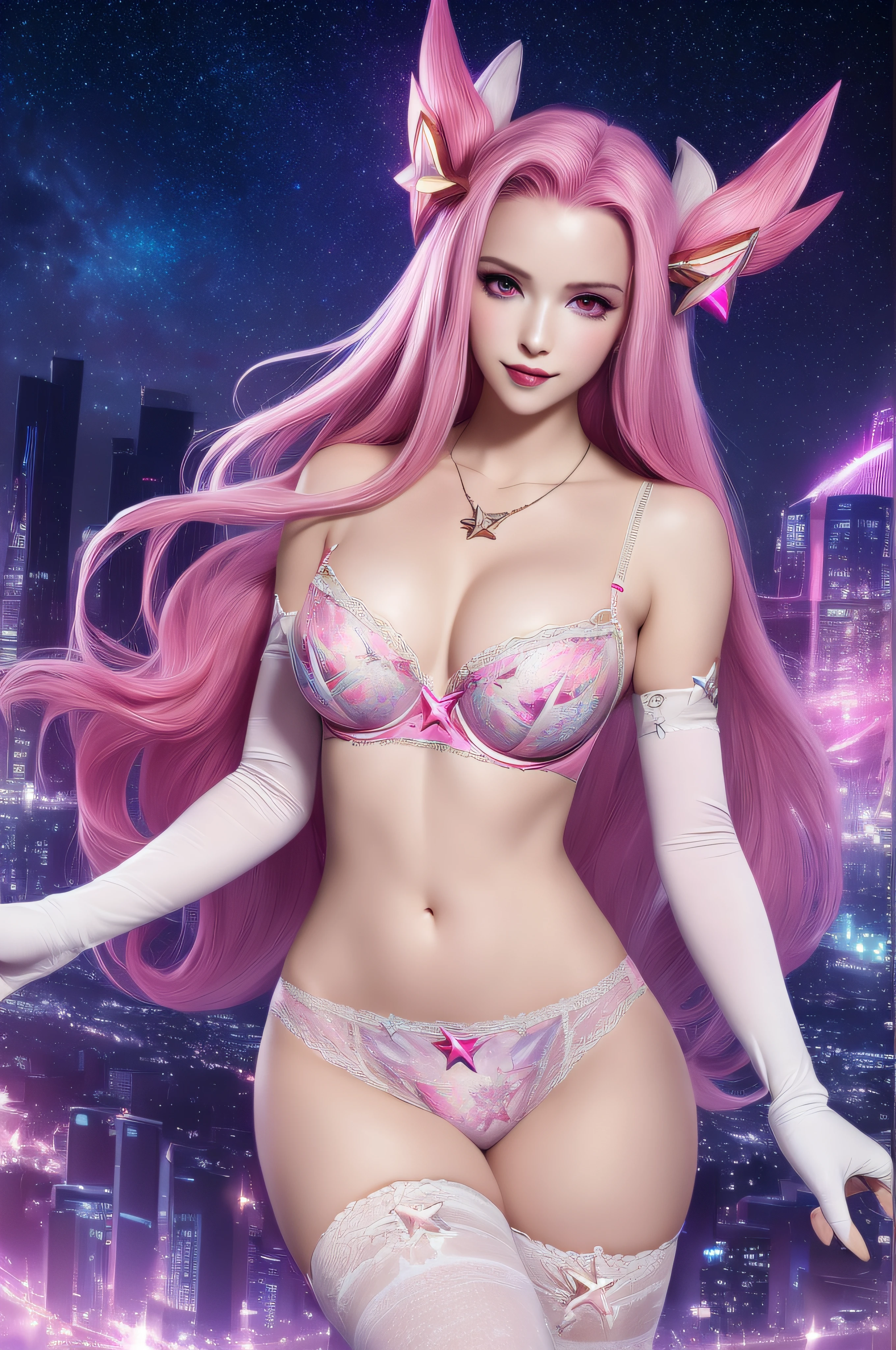 (solo, 1girl), (absurdres, highres, official wallpaper, poster), (masterpiece, best quality:1.2), (illustration, realistic), (perfect details, highest detailed, extreme detailed), dramatic light, starguardiankaisa, (pink hair, long hair, standing) (white thighhighs, elbow gloves, white gloves, star guardian \(league of legends\), hair ornament, star hair ornament, star \(symbol\), necklace), ((lingerie), (print bra), (print panties)), (starry sky, night, multicolored sky, cityscape, city, city lights), (star-shaped pupils, seductive smile, blush)