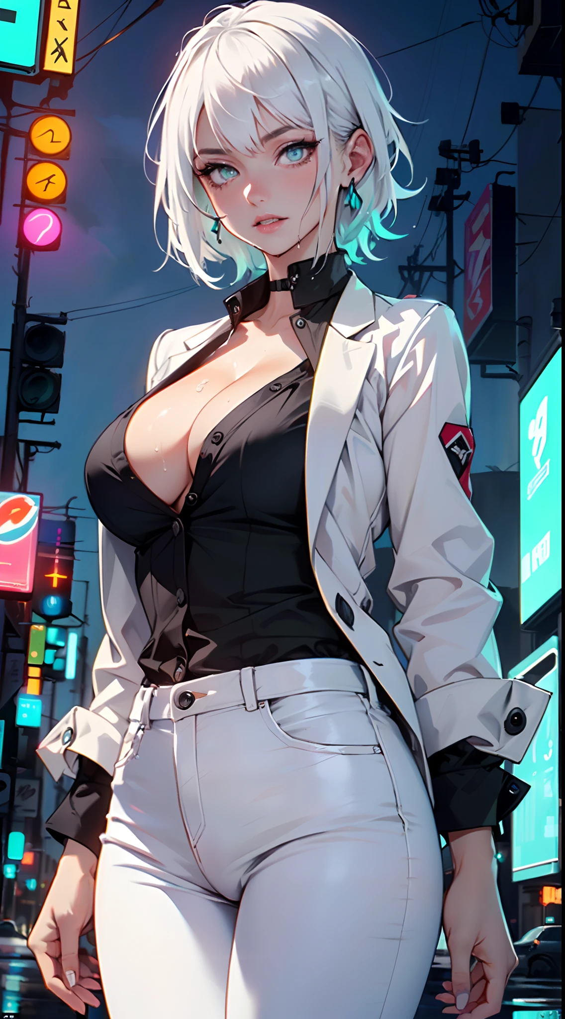 cute albino girl,(((1girl))),((albino girl with extremely cute and beautiful white hair)),

(small breasts:1.4),(((white hair:1.35,colored inner hair,ear breathing,small white hair,tomboy haircut))),(((neon_aqua_eyes:1.3))),intricate eyes,beautiful detailed eyes,symmetrical eyes,((fat)),(((pale skin,lustrous skin:1.5,bright skin: 1.5,shiny skin,very shiny skin,shiny body,plastic glitter skin,exaggerated shiny skin,illuminated skin,wet legs))),(spider lower abdomen,narrow waist,wide hip,athletic body,inflated legs,detailed body,(detailed face)),

cute,slutty,seductive,erotic,(((nsfw))),

(((wearing white formal blazer,white pants,))),(((huge cleavage))),((wet clothes,intricate outfit,intricate clothes)),

(dynamic pose:1.0),solo focus,embarrassed,(centered,scale to fit dimensions,Rule of thirds),

cyberpunk city by the ocean at night, with bright neon signs and dark stormy clouds and puddles, scenery:1.25,

artistic photography,(photography taken by sldr),highres, sharp focus, (ultra detailed, extremely detailed), (photorealistic artwork:1.37),(extremely detailed CG unity 8k wallpaper),((synthwave background theme)),(((vibrant colors))),(intricate background),(masterpiece),(best quality)