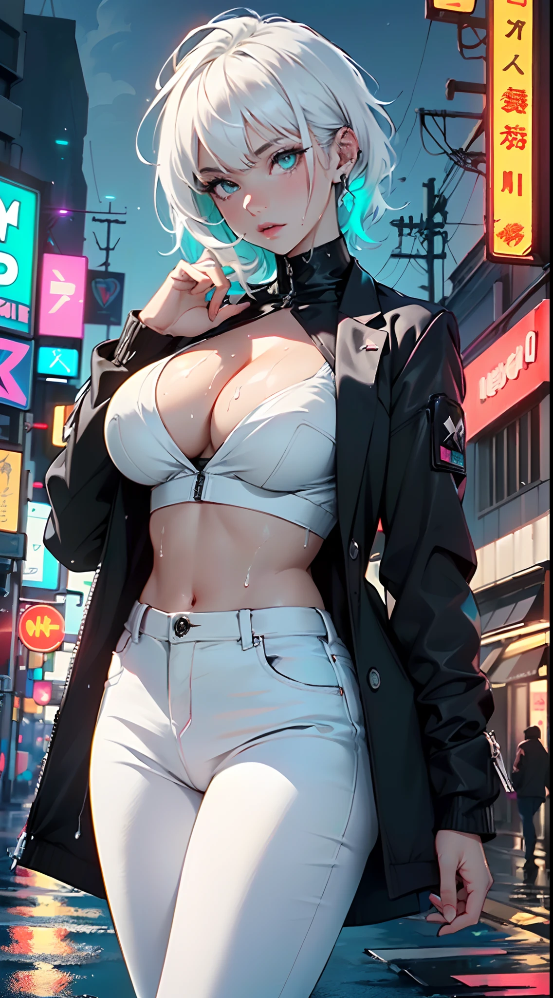 cute albino girl,(((1girl))),((albino girl with extremely cute and beautiful white hair)),
(small breasts:1.4),(((white hair:1.35,colored inner hair,ear breathing,small white hair,tomboy haircut))),(((neon_aqua_eyes:1.3))),intricate eyes,beautiful detailed eyes,symmetrical eyes,((fat)),(((pale skin,lustrous skin:1.5,bright skin: 1.5,shiny skin,very shiny skin,shiny body,plastic glitter skin,exaggerated shiny skin,illuminated skin,wet legs))),(spider lower abdomen,narrow waist,wide hip,athletic body,inflated legs,detailed body,(detailed face)),
cute,slutty,seductive,erotic,(((nsfw))),
(((wearing white formal blazer,white pants,))),(((huge cleavage))),((wet clothes,intricate outfit,intricate clothes)),
(dynamic pose:1.0),solo focus,embarrassed,(centered,scale to fit dimensions,Rule of thirds),
cyberpunk city by the ocean at night, with bright neon signs and dark stormy clouds and puddles, scenery:1.25,
artistic photography,(photography taken by sldr),highres, sharp focus, (ultra detailed, extremely detailed), (photorealistic artwork:1.37),(extremely detailed CG unity 8k wallpaper),((synthwave background theme)),(((vibrant colors))),(intricate background),(masterpiece),(best quality)