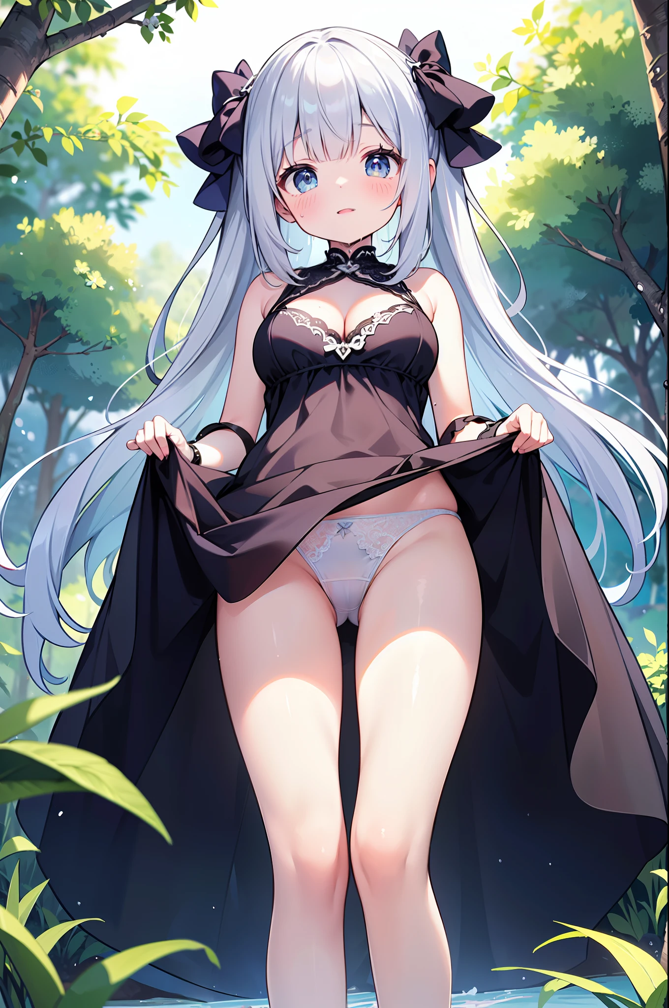 (masterpiece)、(top-quality)、(ultra-detailliert)、Little Goddess Bathing、silber hair、Crims、Thin white lace underwear with small area、Shoulders exposed、Large breasts、Cleavage emphasis、Thigh exposure、Springs in the forest、Wet and see-through、Composition looking up from below、mystical、Deities々Right