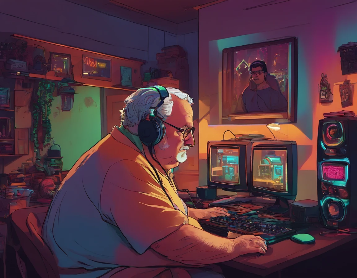 FAT ELDERLY MAN WITH A FELCA T-SHIRT, WITH A BIG BELLY IN THE BACKGROUND OF A ROOM WITH NEON LIGHTS, AND A BOY IN THE BACKGROUND WITH A HEADSET AND A COMPUTER