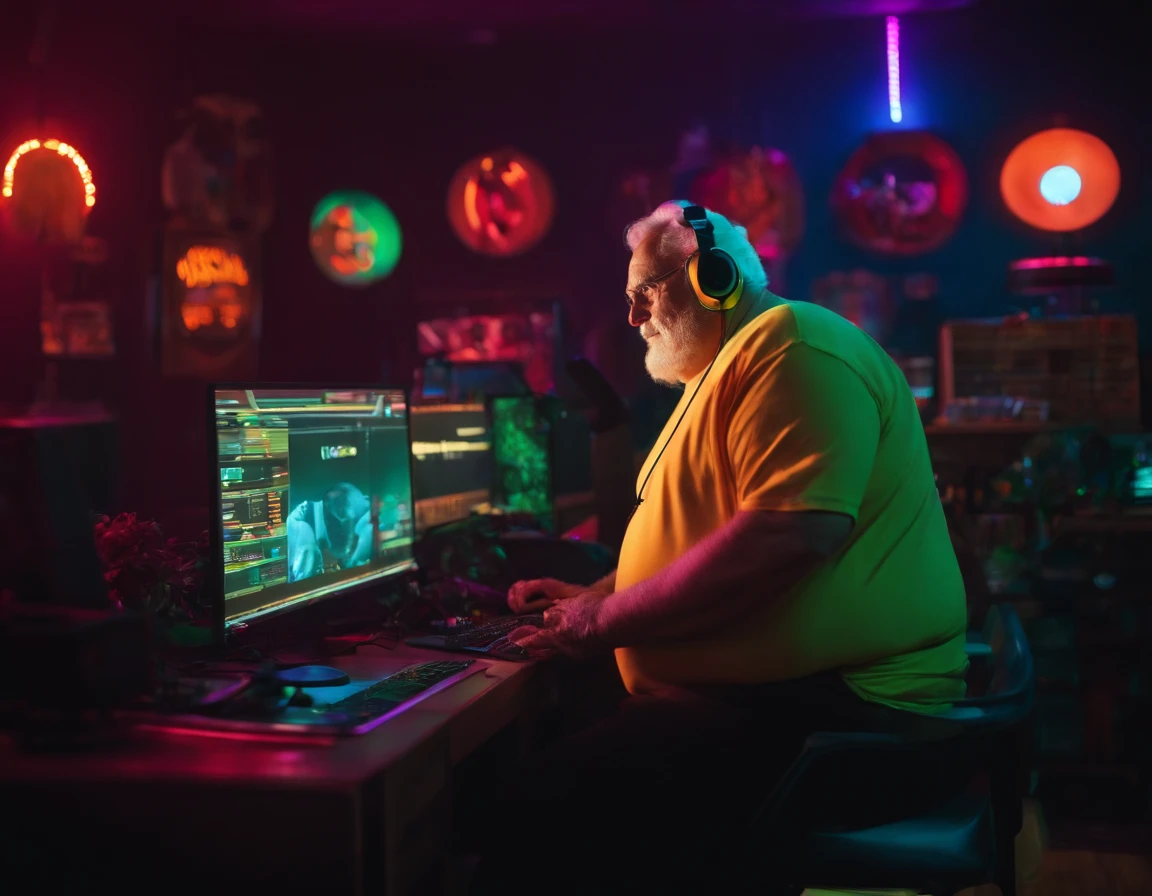 FAT ELDERLY MAN WITH A FELCA T-SHIRT, WITH A BIG BELLY IN THE BACKGROUND OF A ROOM WITH NEON LIGHTS, AND A BOY IN THE BACKGROUND WITH A HEADSET AND A COMPUTER