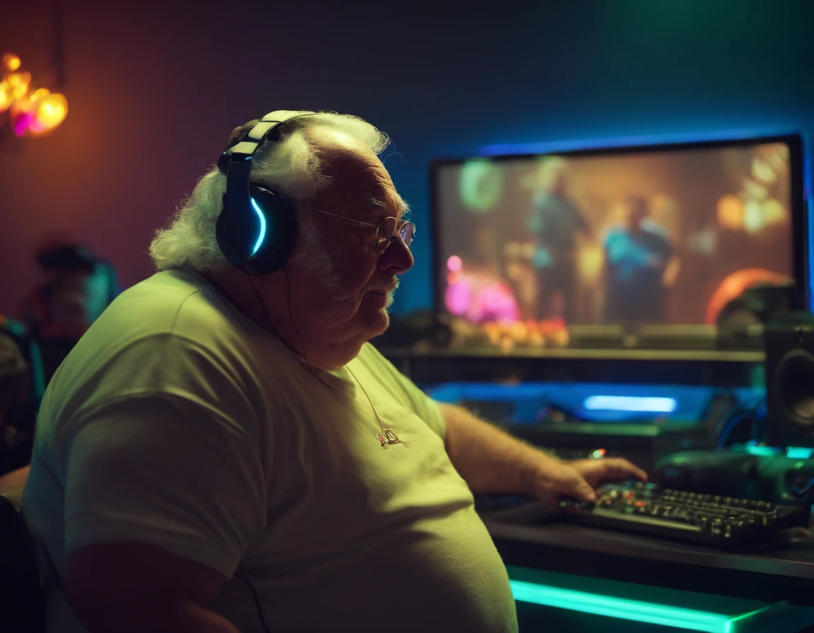 FAT ELDERLY MAN WITH A FELCA T-SHIRT, WITH A BIG BELLY IN THE BACKGROUND OF A ROOM WITH NEON LIGHTS, AND A BOY IN THE BACKGROUND WITH A HEADSET AND A COMPUTER