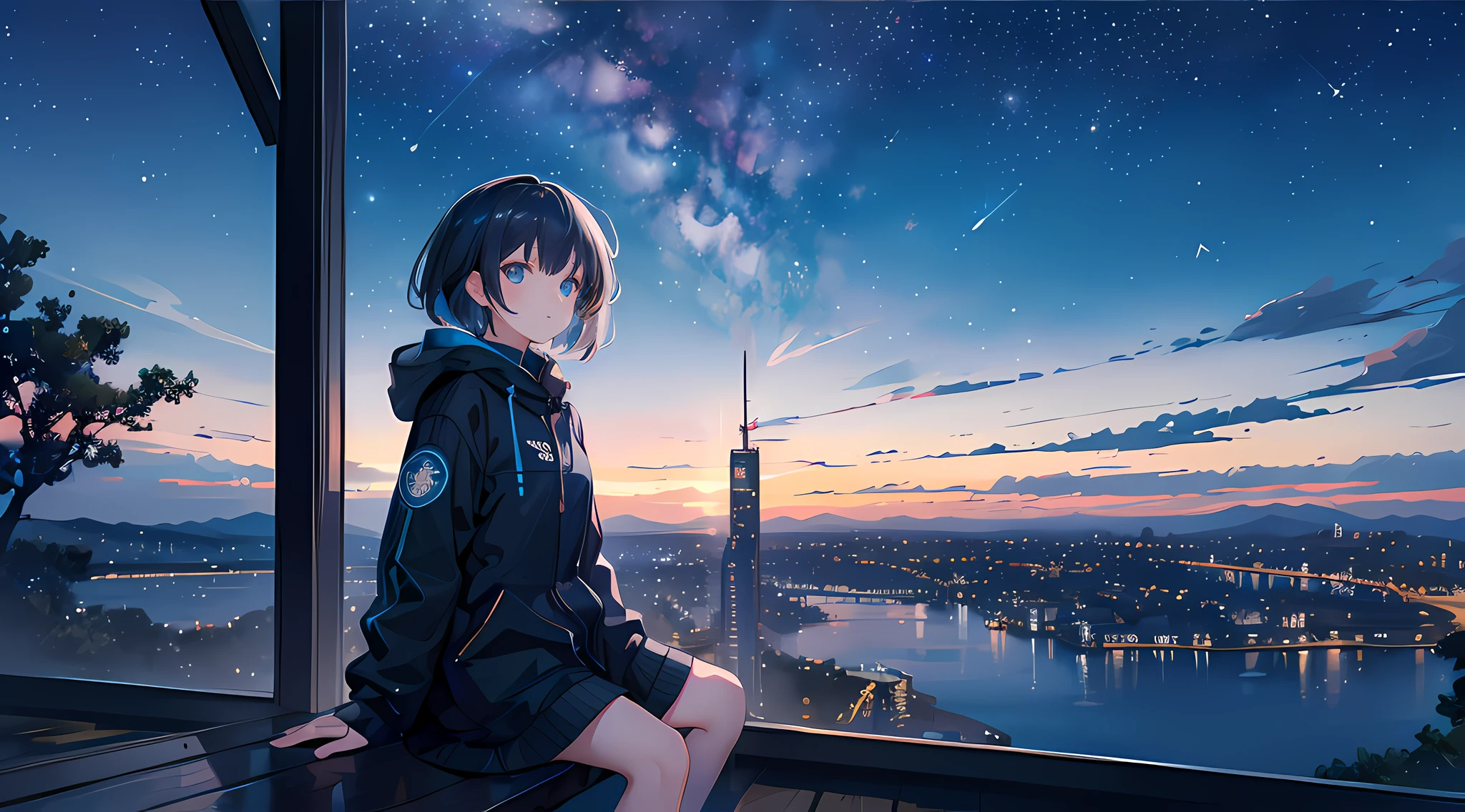 1 girl,octans, sky, star (sky), scenery, starry sky, night, 1girl, night sky, solo, outdoors, building, milky way, sitting, tree, short hair, city, silhouette, cityscape, looking at sky, 8k, beautiful night sky, ray tracing, masterpiece, cute face
