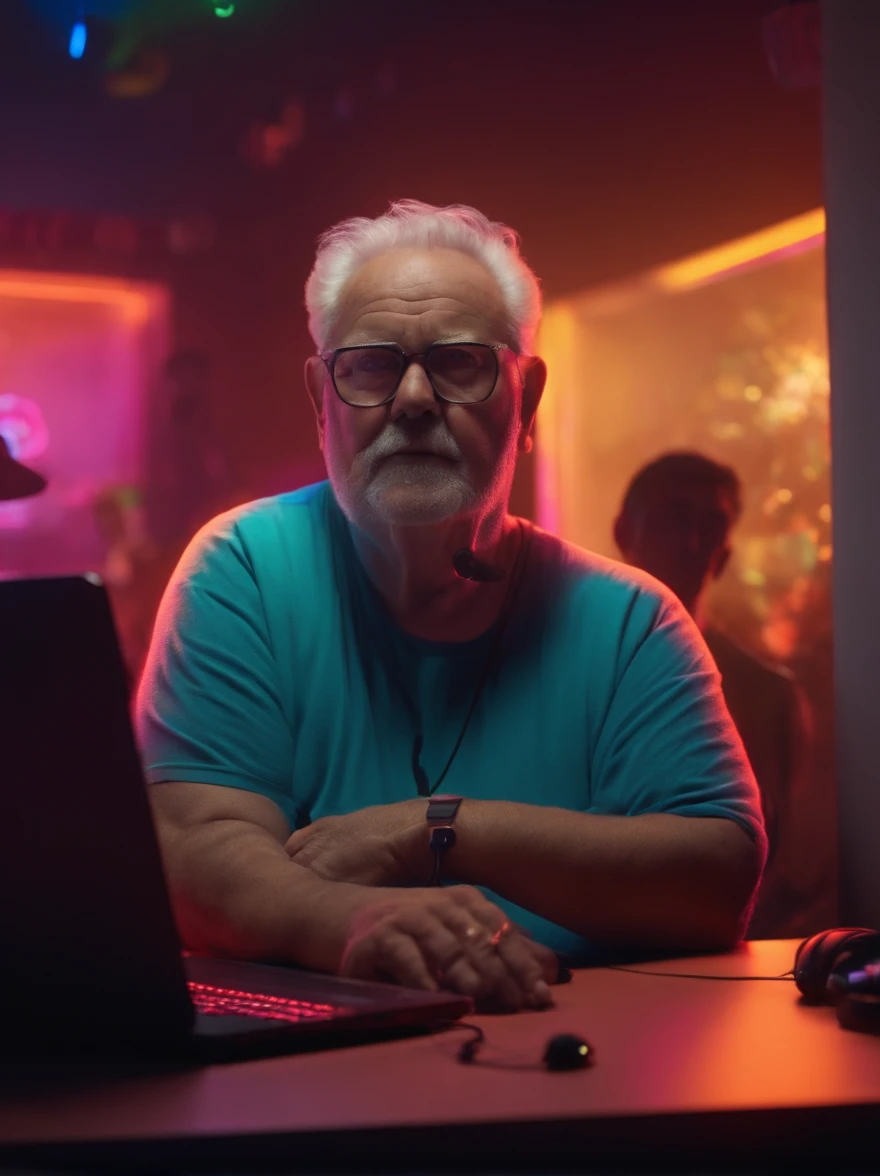 FAT ELDERLY MAN WITH A FELCA T-SHIRT, WITH A BIG BELLY IN THE BACKGROUND OF A ROOM WITH NEON LIGHTS, AND A BOY IN THE BACKGROUND WITH A HEADSET AND A COMPUTER