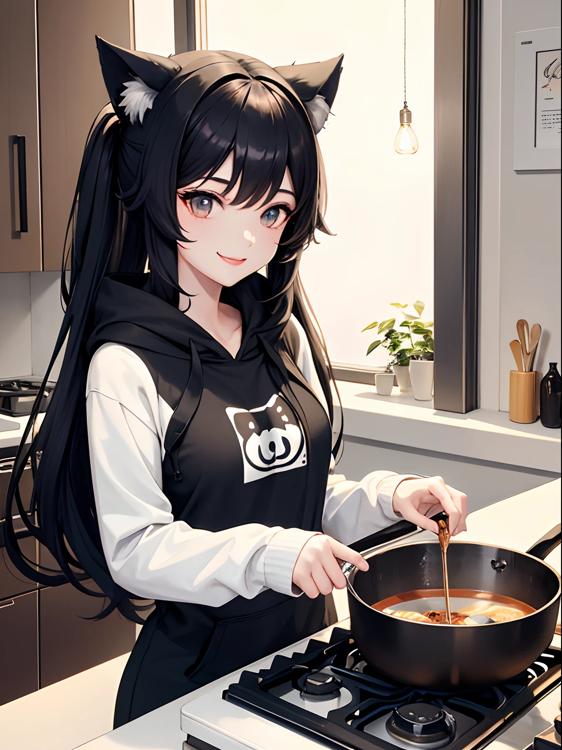 1 girl, wearing hoodie, beautiful & pale skin, perfect body figure & normal breast 1:3, smiling, long black hair, cat ears, Neko style, cooking in the kitchen