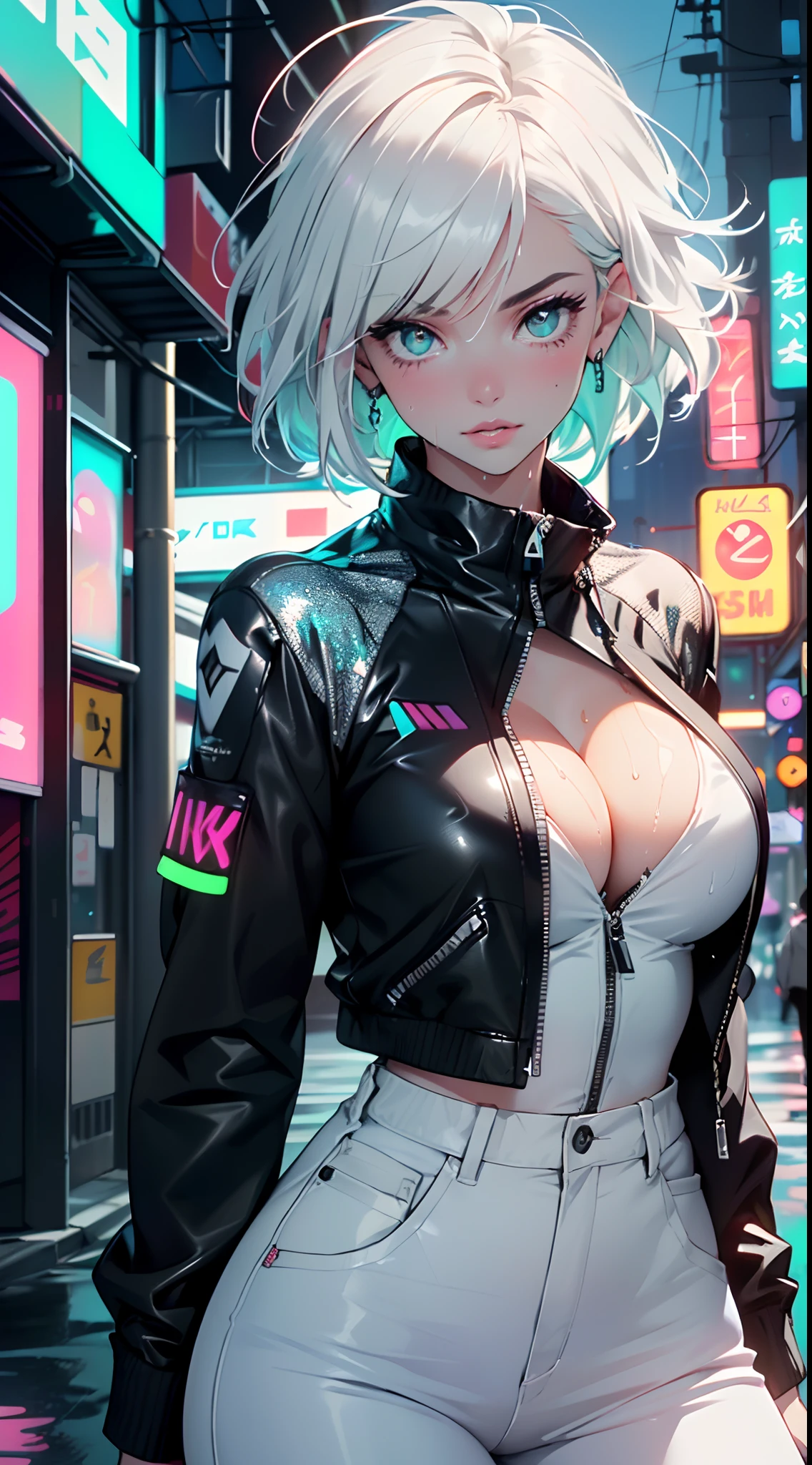 cute albino girl,(((1girl))),((albino girl with extremely cute and beautiful white hair)),
(small breasts:1.4),(((white hair:1.35,colored inner hair,ear breathing,small white hair,tomboy haircut))),(((neon_aqua_eyes:1.3))),intricate eyes,beautiful detailed eyes,symmetrical eyes,((fat)),(((pale skin,lustrous skin:1.5,bright skin: 1.5,shiny skin,very shiny skin,shiny body,plastic glitter skin,exaggerated shiny skin,illuminated skin,wet legs))),(spider lower abdomen,narrow waist,wide hip,athletic body,inflated legs,detailed body,(detailed face)),
cute,slutty,seductive,erotic,(((nsfw))),
(((wearing white formal blazer,white pants,))),(((huge cleavage))),((wet clothes,intricate outfit,intricate clothes)),
(dynamic pose:1.0),solo focus,embarrassed,(centered,scale to fit dimensions,Rule of thirds),
cyberpunk city by the ocean at night, with bright neon signs and dark stormy clouds and puddles, scenery:1.25,
artistic photography,(photography taken by sldr),highres, sharp focus, (ultra detailed, extremely detailed), (photorealistic artwork:1.37),(extremely detailed CG unity 8k wallpaper),((synthwave background theme)),(((vibrant colors))),(intricate background),(masterpiece),(best quality)