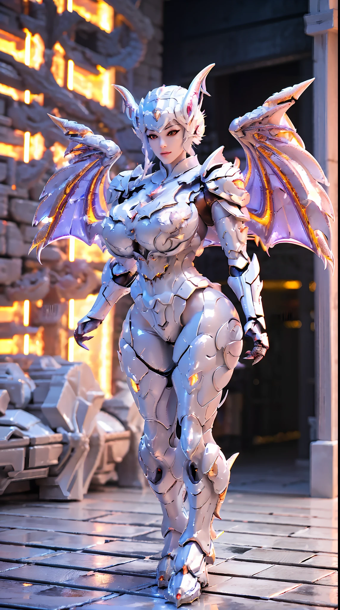 DRAGON HORN ACCESSORY ON THE HEAD, HUGE FAKE , (BEAUTIFUL), (WHITE, PURPLE), (SILVER FONT BANGS HAIR), DRAGON SCALE ARMORED GEAR, (CLEAVLARGEST DRAGON WINGS)), (SKINTIGHT YOGA PANTS), (TALL LEGS), FRONT, (STANDING), SLENDER SEXY BODY, MUE ABS, UHD, 8K, 1080P.
