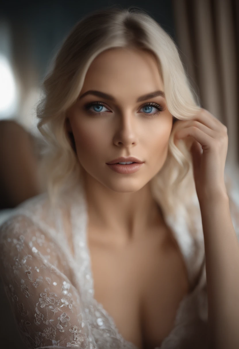 Naked woman, Sexy girl with blue eyes, Portrait of Corinna Kopf, blonde hair and big eyes, Selfie of a young woman, Eyes in the club Violet Myers, ohne Makeup, Natural makeup, looking directly into the camera, Face with Artgram, dezentes Makeup, Stunning full body photo, in the bedroom, Fission