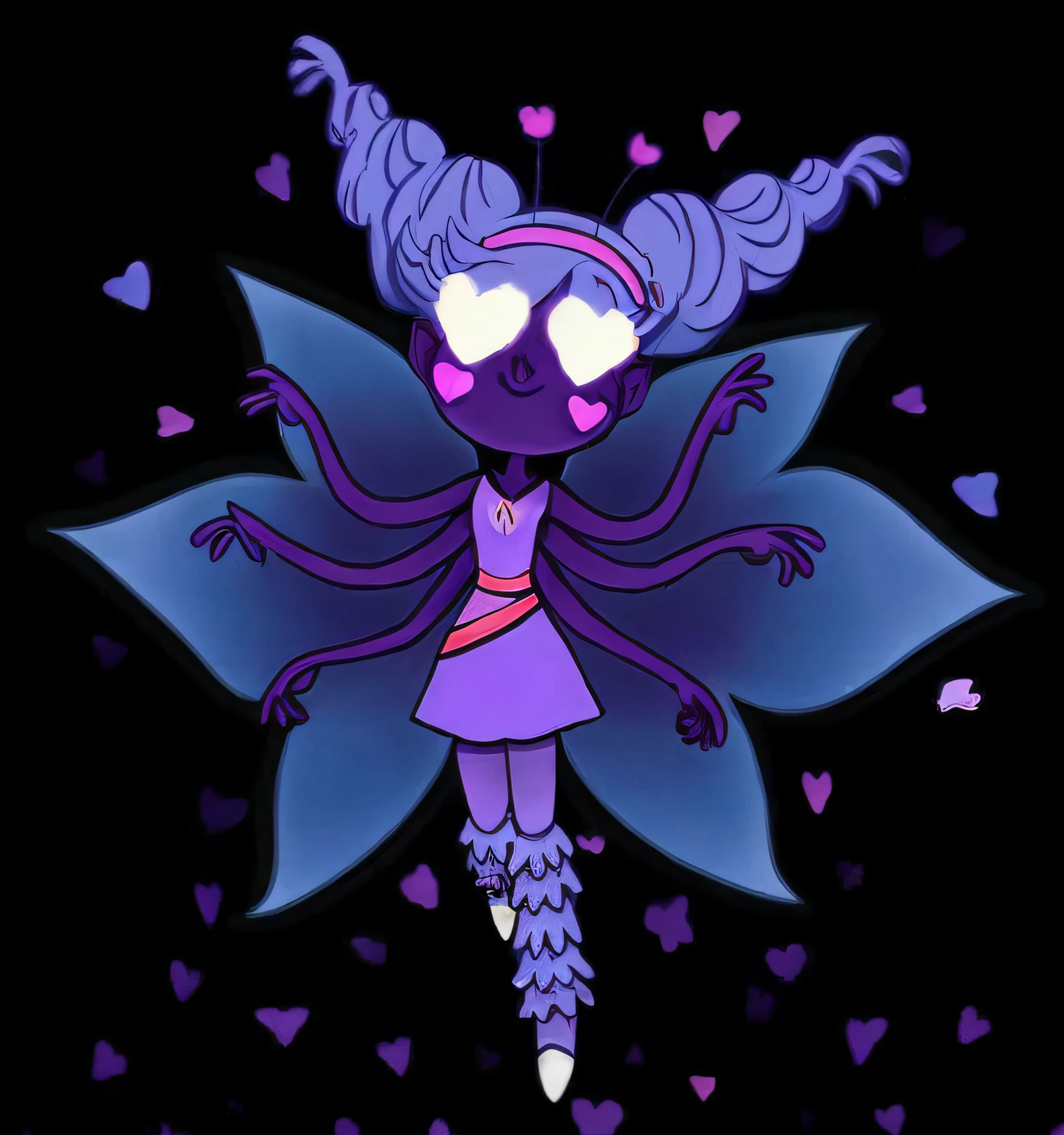 a cartoon fairy with purple hair and a purple dress, space flower fairy, pixie character, muffet from undertale, star butterfly, alien princess, astral fairy, ethereal flowerpunk, dark fae, wiggly ethereal being, official art, omori, official artwork, elf girl wearing an flower suit, evil aura, evil fairies, official fanart, fae
