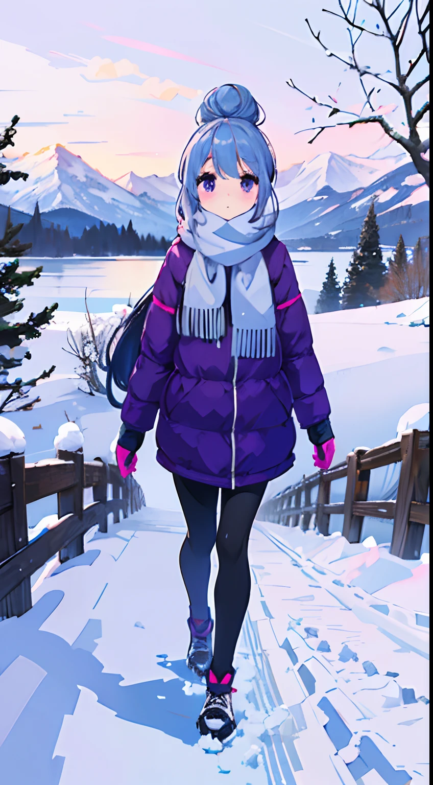 a girl walking in the snow, 1girl, solo, mountains, digital art, ultra detailed, perffect face, full body, shima rin, hair bun, blue hair, purple eyes, yuru camp, lake, there is a iced like on the side, trees, snow flakes,artistic