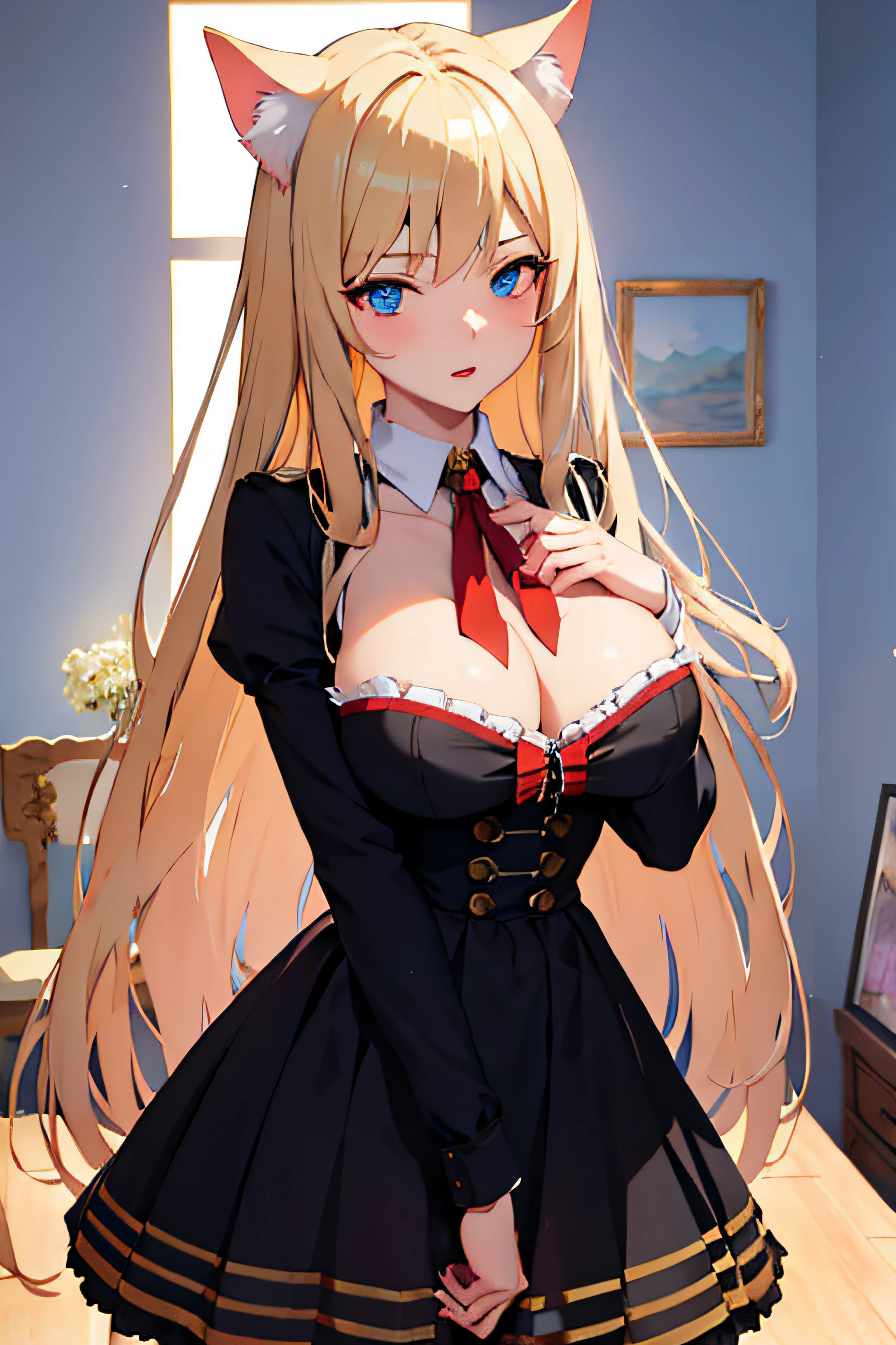 Detailliertes Anime-Artwork,German WW2 dress cat ears anime girl with long hair and big chest eager seductive anime woman