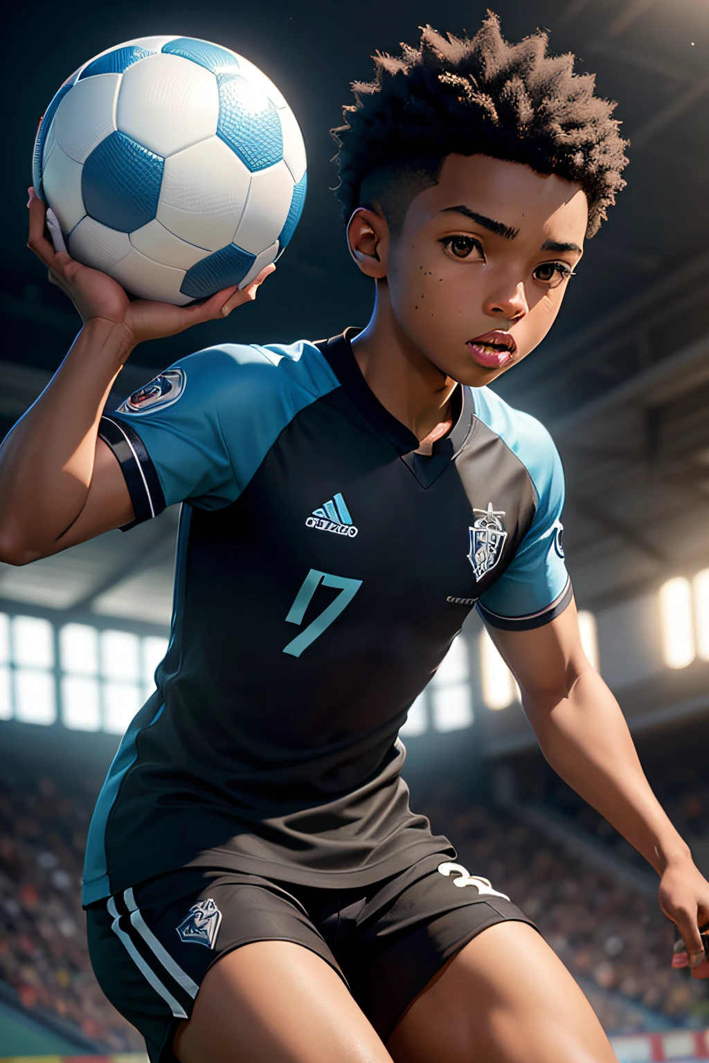 Create an avatar of a young black player boy with pixar quality, wearing the Santos FC uniform playing football