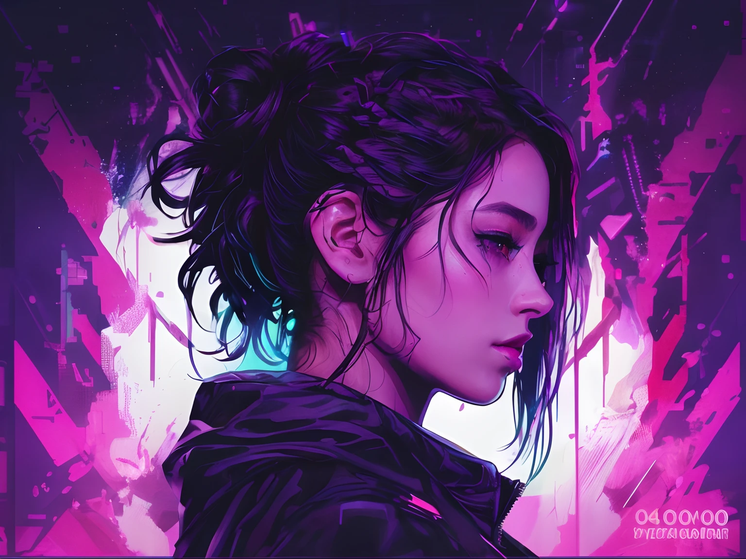 a close up of a woman with a messy bun in a purple background, cyberpunk art style, beautiful female neuromancer, beautiful cyberpunk girl face, dreamy cyberpunk girl, art of alena aenami, the cyberpunk girl portrait, cyberpunk artstyle, cyberpunk themed art, synthwave art style ]!!, 4k detailed digital art, synthwave art style, synthwave art