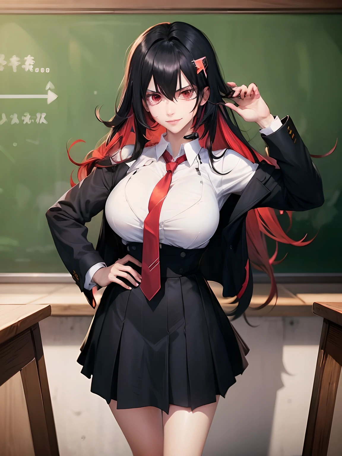 Black hair, school uniform, red eye, evil smile, evil aura