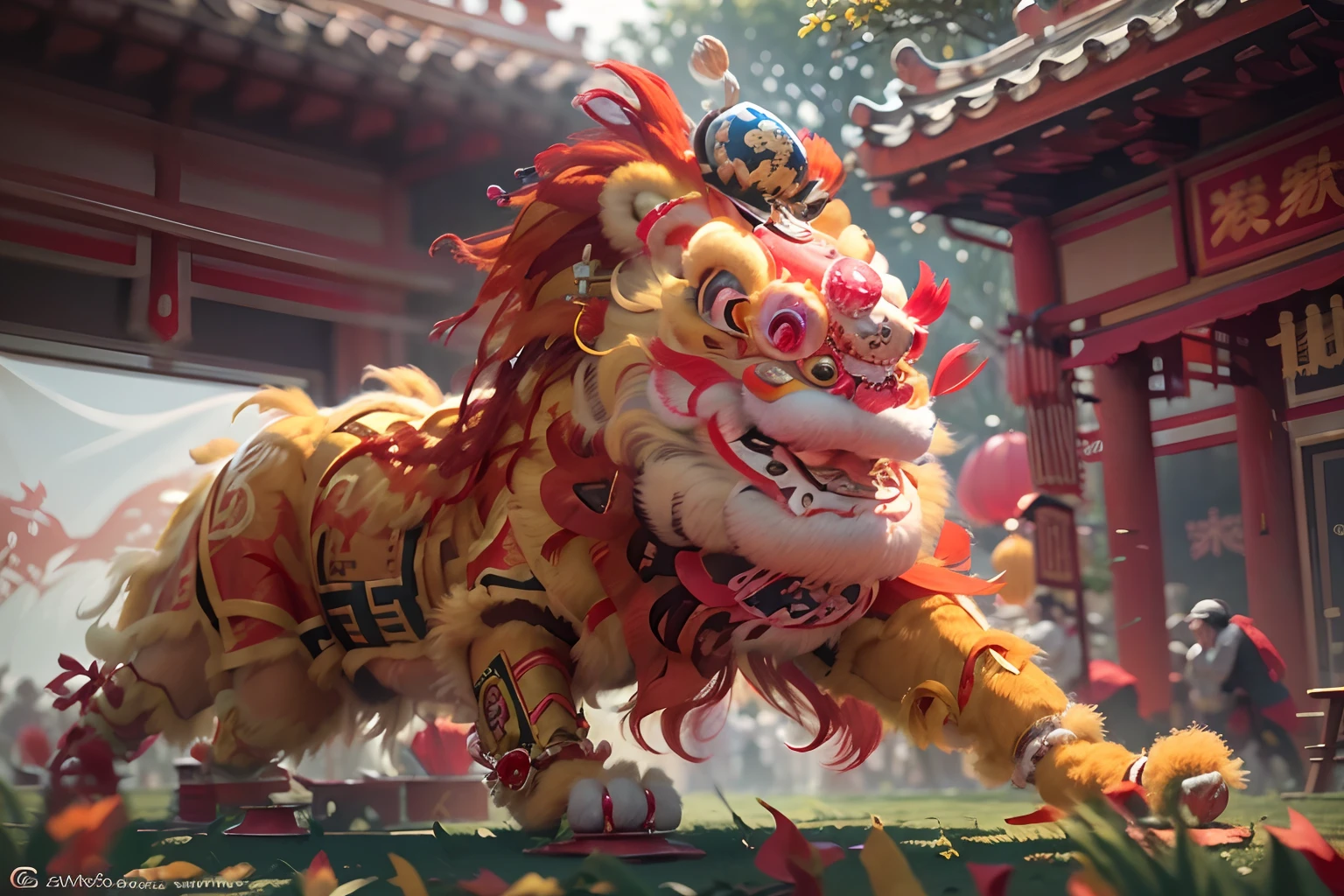 8K，RAW photos，best qualtiy，tmasterpiece，realisticlying，photograph realistic，ultra - detailed，Chinese lion dance，At the New Year's Festival, Traditional lion dance performance, Red and gold thread lion，Long mane and long tail, bian lian, G Liulian art style, cgsociety and fenghua zhong, drak, inspired by Park Hua, chengwei pan on artstation, wojtek fus, inspired by Lu Guang,  affable ， wenjun lin