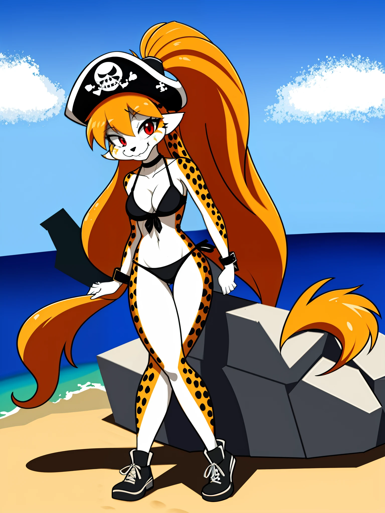(masterpiece:1.3), (best quality:1.3), (cel shading:1.15), high resolution, extremely detailed cg, ((1girl)), ((solo girl)), ((female solo)), (small head), ((lustrous furry skin)), eyeliner, detailed face, best ratio four finger and one thumb BREAK (black pirate hat:1.3), shorts, long hair, bikini, swimsuit, front-tie top, halterneck, denim, sitting, arm support, denim shorts, breasts, navel, smile, looking at viewer, front-tie bikini top, beach, criss-cross halter, short shorts, cheetah hair, black bikini, cleavage, medium breasts, water, outdoors, knee up, collarbone, stomach, very long hair, cutoffs, ocean, day, open fly, bare shoulders, midriff, red eyes, arm strap, thighs, (:3:1.1), 1girl, solo, Britanny Digger, anthro, black eye marks, single tail, cheetah tail, long hair, looking at viewer, ((tail correct position))