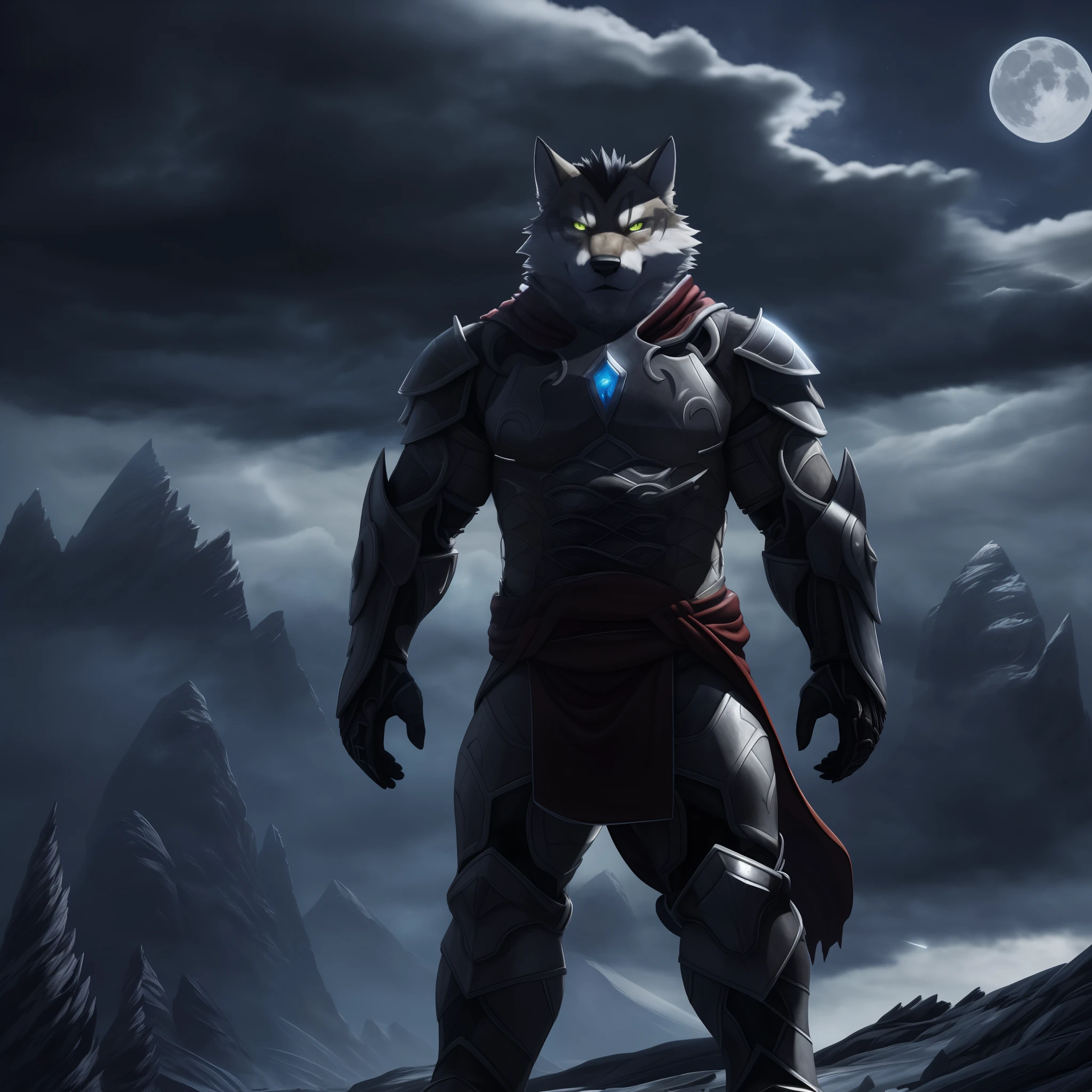 (best quality,highres),a lone wolf standing on top of a mountain,holding a sword,wearing an incredibly cool Cyborg armor,ultra-detailed,fierce expression,steely gaze,strong physique,icy breath,nightfall,moonlight illuminating the surroundings,giant silhouette looming in the distance,ominous clouds,EPIC)