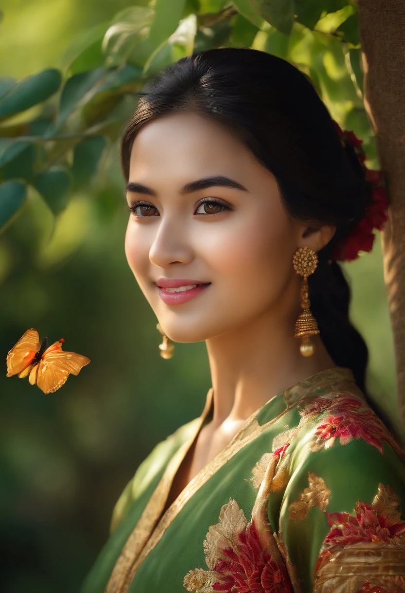 (best quality,4k,8k,highres,masterpiece:1.2),ultra-detailed,(realistic,photorealistic,photo-realistic:1.37),A girl with beautiful detailed eyes, a captivating smile, and long eyelashes, wearing a traditional Burmese dress, standing in a lush green garden surrounded by vibrant flowers. Her dress is made of fine silk and adorned with intricate embroidery, showcasing the rich cultural heritage of Myanmar. The girl is holding a traditional parasol decorated with vibrant patterns, providing shade from the warm sunlight.
The garden is filled with colorful butterflies fluttering around the blooming flowers. The air is filled with the sweet aroma of jasmine and lotus. In the background, there is a tranquil pond with lotus blossoms floating gracefully. A gentle breeze rustles the leaves of the towering trees, casting dappled shadows on the girl's face.
The artwork has the medium of oil painting, with each brushstroke meticulously capturing the intricate details of the girl's features and the surrounding flora. The vibrant colors used in the painting bring out the beauty and liveliness of the scene, creating an atmosphere of joy and serenity.
The lighting in the artwork is soft and diffused, with warm sunlight streaming through the foliage, illuminating the girl's face and highlighting the colors of the flowers. The play of light and shadow adds depth and dimension to the painting, enhancing the overall realism and creating a sense of tranquility.
The artwork aims to capture the essence of a Burmese Myanmar girl, celebrating her beauty, grace, and cultural heritage in a visually stunning and emotionally evocative manner.