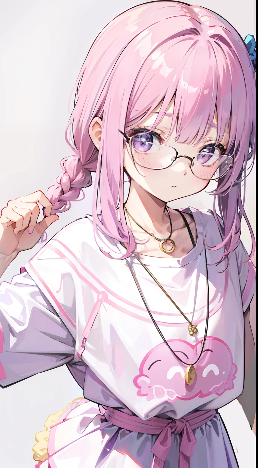 Light purple-pink color bangs,Ponytail,Braided,Body petite and soft,Too loli,Just too small,Black round glasses,Thick frame,Red rope necklace,Light yellow and blue children's clothes