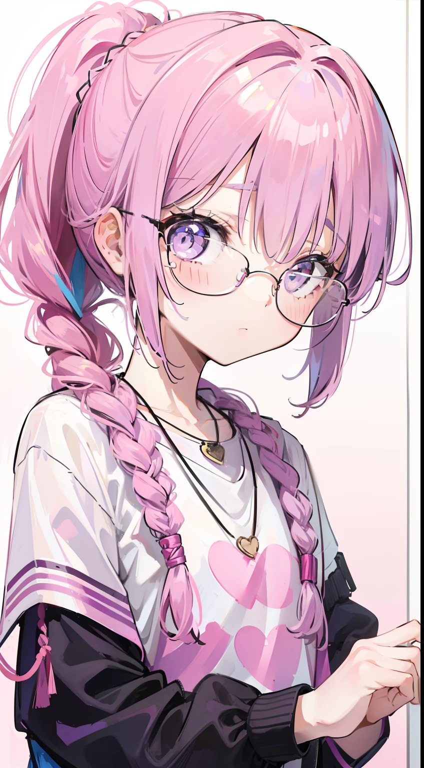 Light purple-pink color bangs,Ponytail,Braided,Body petite and soft,Too li,Just too small,Black round glasses,Thick frame,Red rope necklace,Light yellow and blue children's clothes