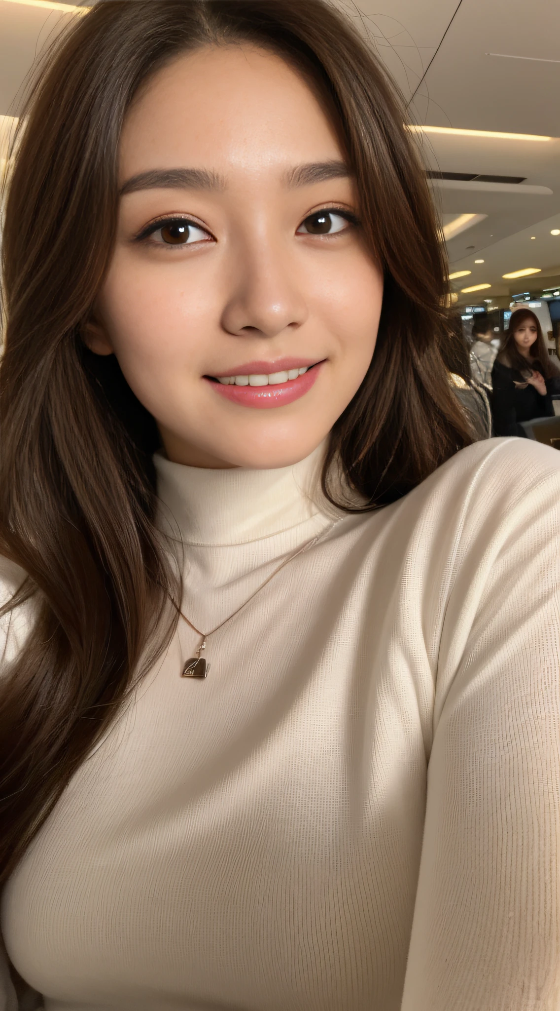 ((Best Quality, 8K, Masterpiece: 1.3, Realistic)), Midnight, Half Body: 1.2, Slender Abs: 1.2, ((Layered brown hairstyle, Medium Breasts: 1.2)), (White turtleneck: 1.1, Long jeans, Heart necklace: 1.1), (Plane seat: 1.1, Airport runway background: 1.1), Highly detailed face and skin texture, detailed eyes, double eyelids, seductive smile, face looking at the camera, holding the camera, hands on the camera, selfie: 1.1