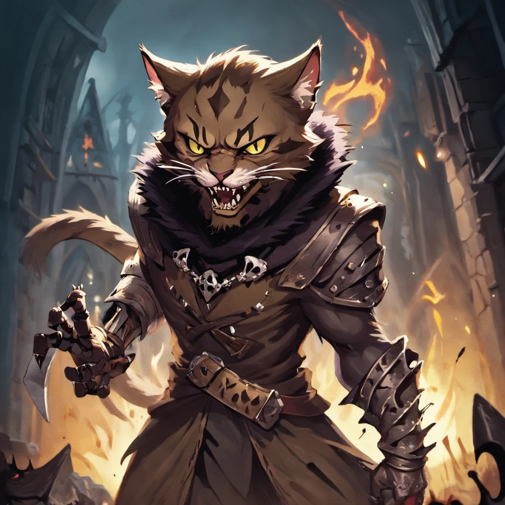 Khajiit, dark fur, tattered clothing and bronze gloves, bones showing through fur, nightmare-fuel, undead, graveyard, creepy, reaper, masterpiece, best quality