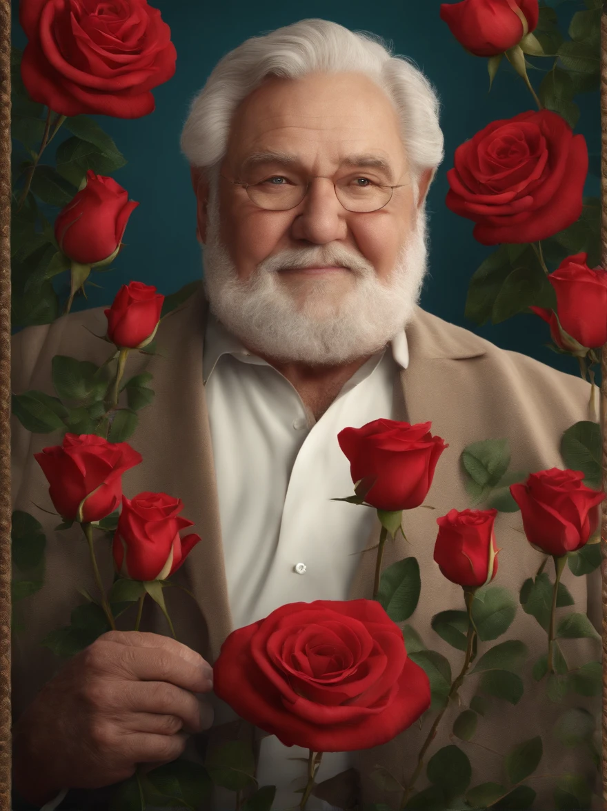 FAT ELDERLY MAN, HOLDING A ROSE FLOWER, WITH FELCA THEMED BACKGROUND, 8K