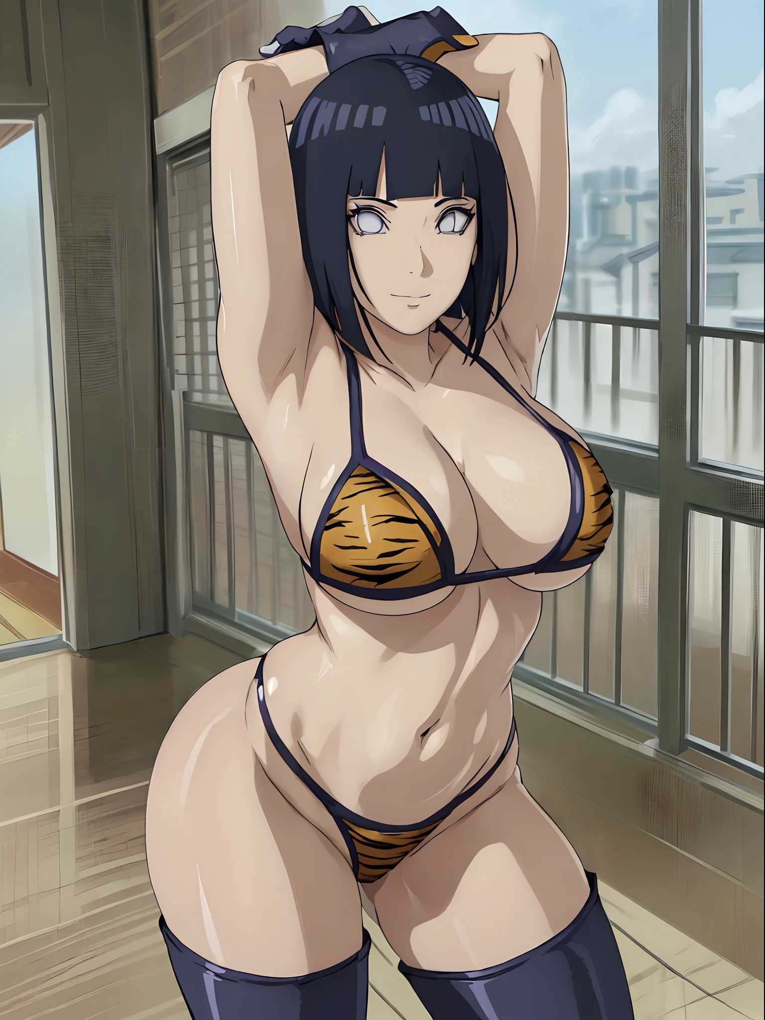 (4k, no angle view, portrait, best quality, cowboy shot), (ultra detailed body, curvy), ((solo, 1 girl)), anime style, hires, ((white background)), (hinata\(boruto\), (female wrestler), (slender body, broad shoulders), (mature woman, milf), (tigress, micro bikini, ultra detailed pro wrestling gear, long gloves, long boots), (extremely gorgeous), (tilt head, seductive look, ((seductive pose, armpit, stretching)), seductive face, seductive expression, (sexy expression), smile, closed mouth), (pale skin, shiny skin, lighting and shadow), (dark blue hair color:1.1), wavy hair, ((short hair, hime cut), big breasts, ((detailed arm curves)), (long belly), (very seductive), (perfect eyes, anime eyes)