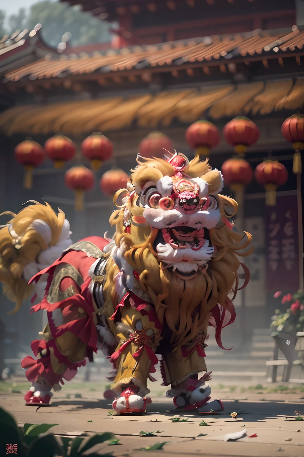 8K，RAW photos，best qualtiy，tmasterpiece，realisticlying，photograph realistic，ultra - detailed，Chinese lion dance，At the New Year's Festival, Traditional lion dance performance, Alafid lion with long mane and long tail, bian lian, G Liulian art style, cgsociety and fenghua zhong, drak, inspired by Park Hua, chengwei pan on artstation, wojtek fus, inspired by Lu Guang,  affable ， wenjun lin