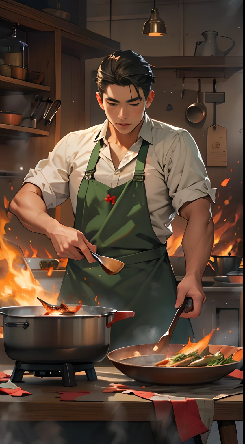 a character is cooking on a huge fire, in the style of the stars art group xing xing, wearing a green apron, realistic portrait, handsome, gongbi, romantic academia, happenings, pastoral charm , 32k, best quality, masterpiece, super detail, high details