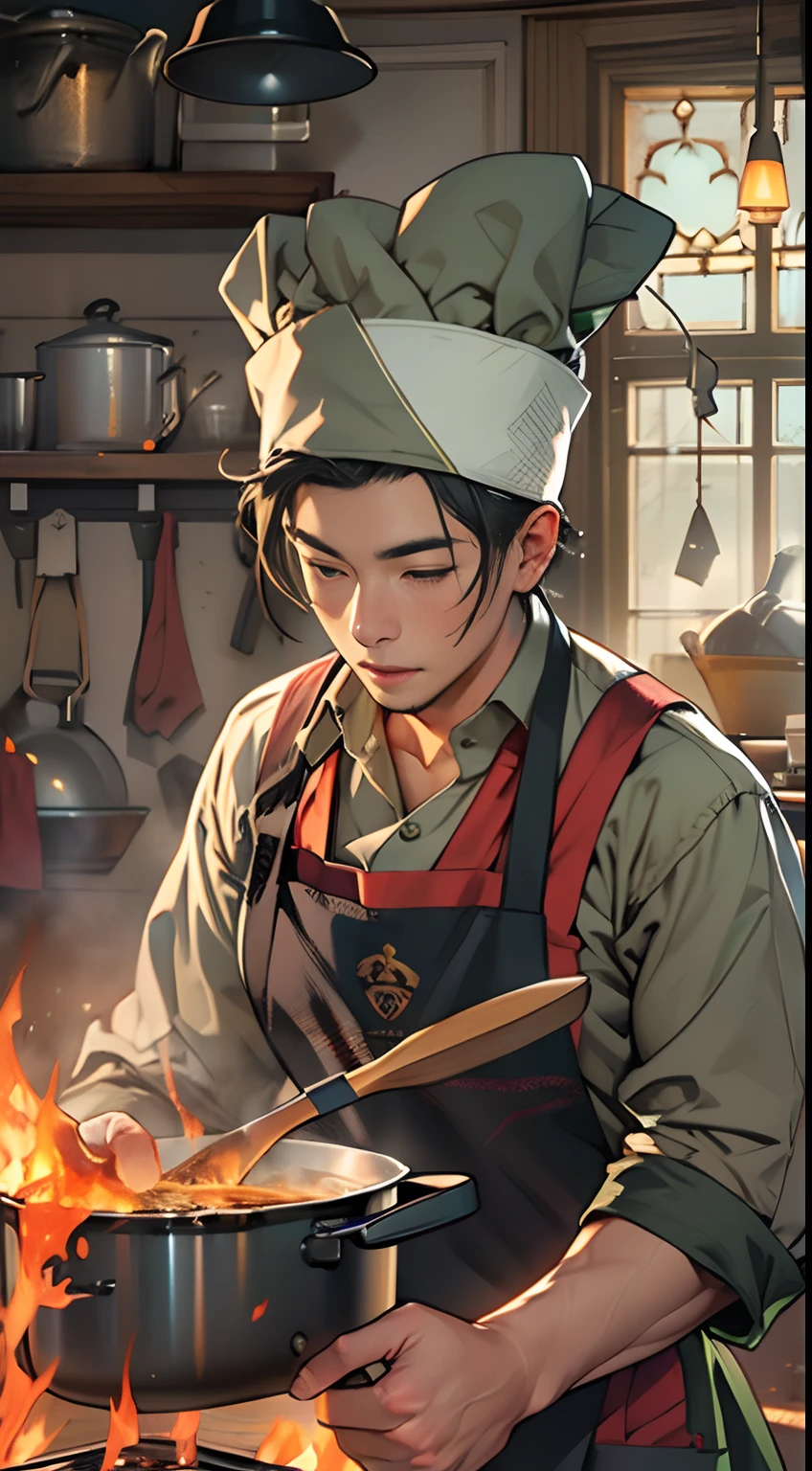 a character is cooking on a huge fire, in the style of the stars art group xing xing, wearing a green apron, realistic portrait, handsome, gongbi, romantic academia, happenings, pastoral charm   , 32k, best quality, masterpiece, super detail, high details