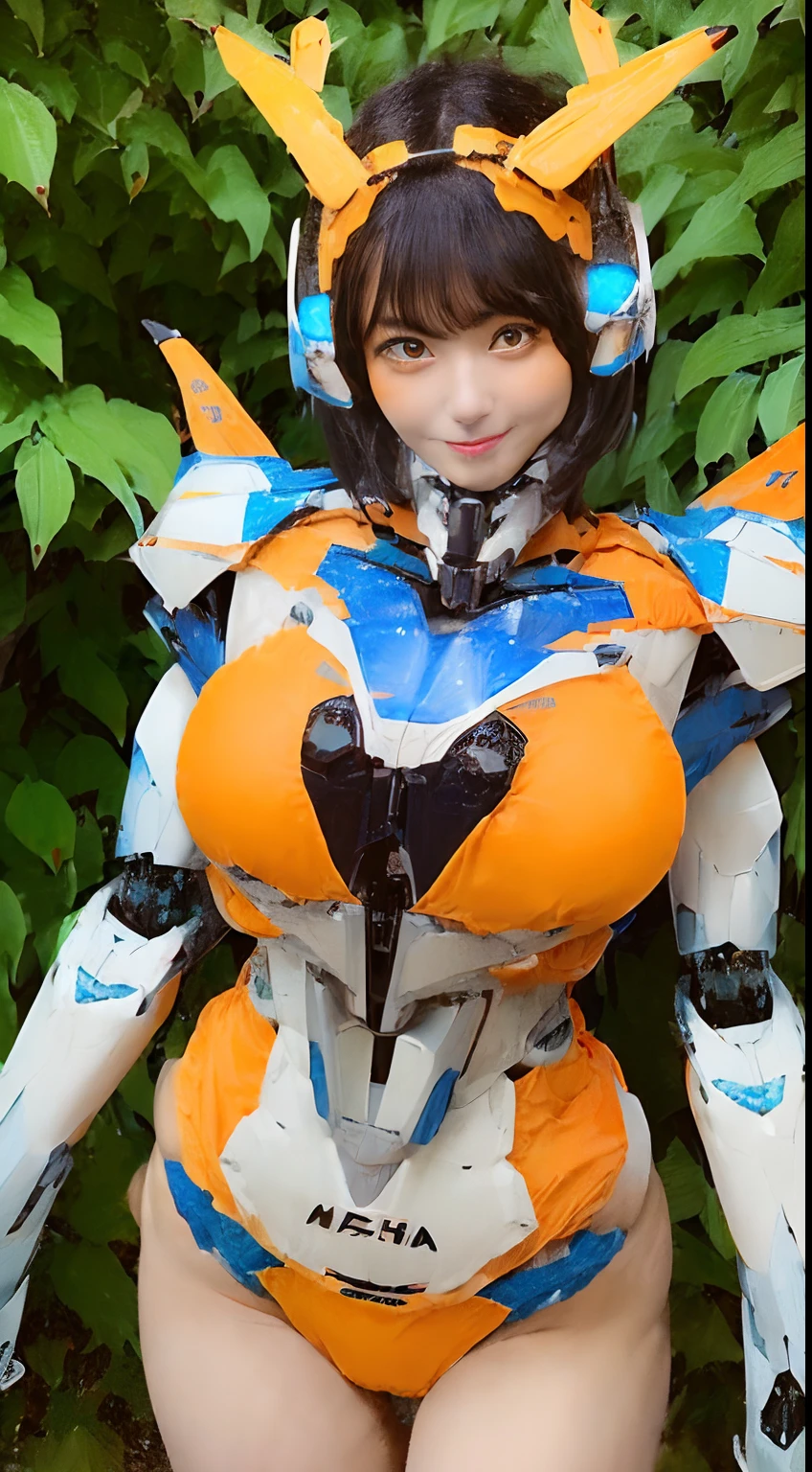 (Mecha girl:1.8), (Beautiful girl gravure idol with big breasts wearing orange bikini swimsuit with black hair color:1.5), (short hairstyle:1.3), (constricted waist:1.3)