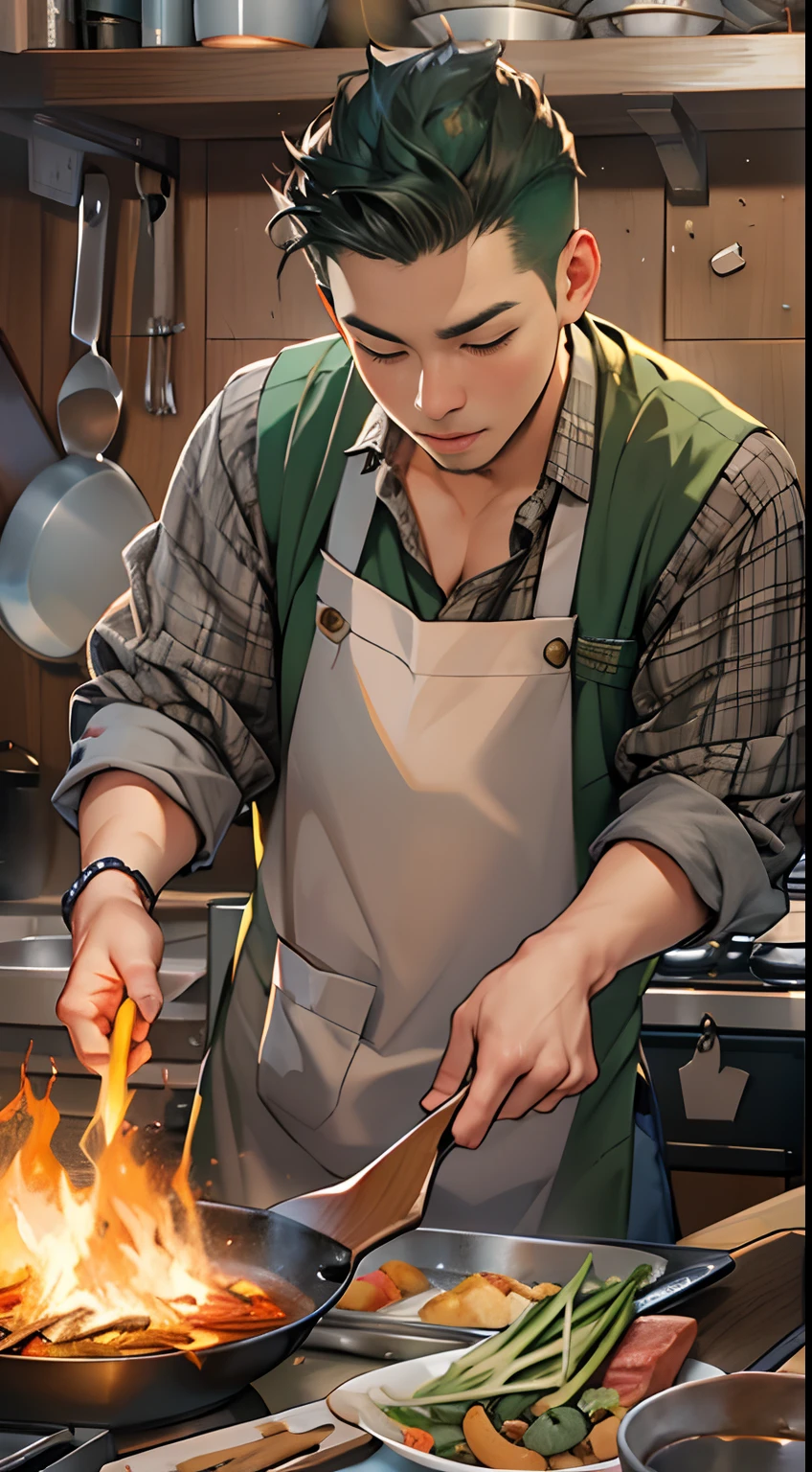 a character is cooking on a huge fire, in the style of the stars art group xing xing, wearing a green apron, realistic portrait, handsome, gongbi, romantic academia, happenings, pastoral charm , 32k, best quality, masterpiece, super detail, high details