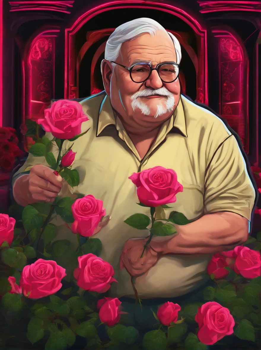 FAT ELDERLY MAN, HOLDING A ROSE FLOWER, WITH NEON GAMER COMPUTER BACKGROUND