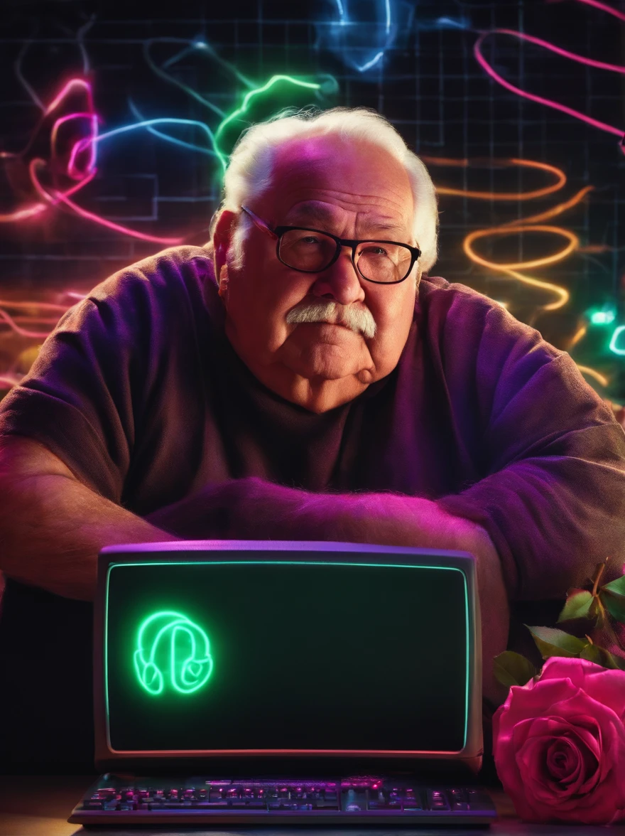 FAT ELDERLY MAN, HOLDING A ROSE FLOWER, WITH NEON GAMER COMPUTER BACKGROUND