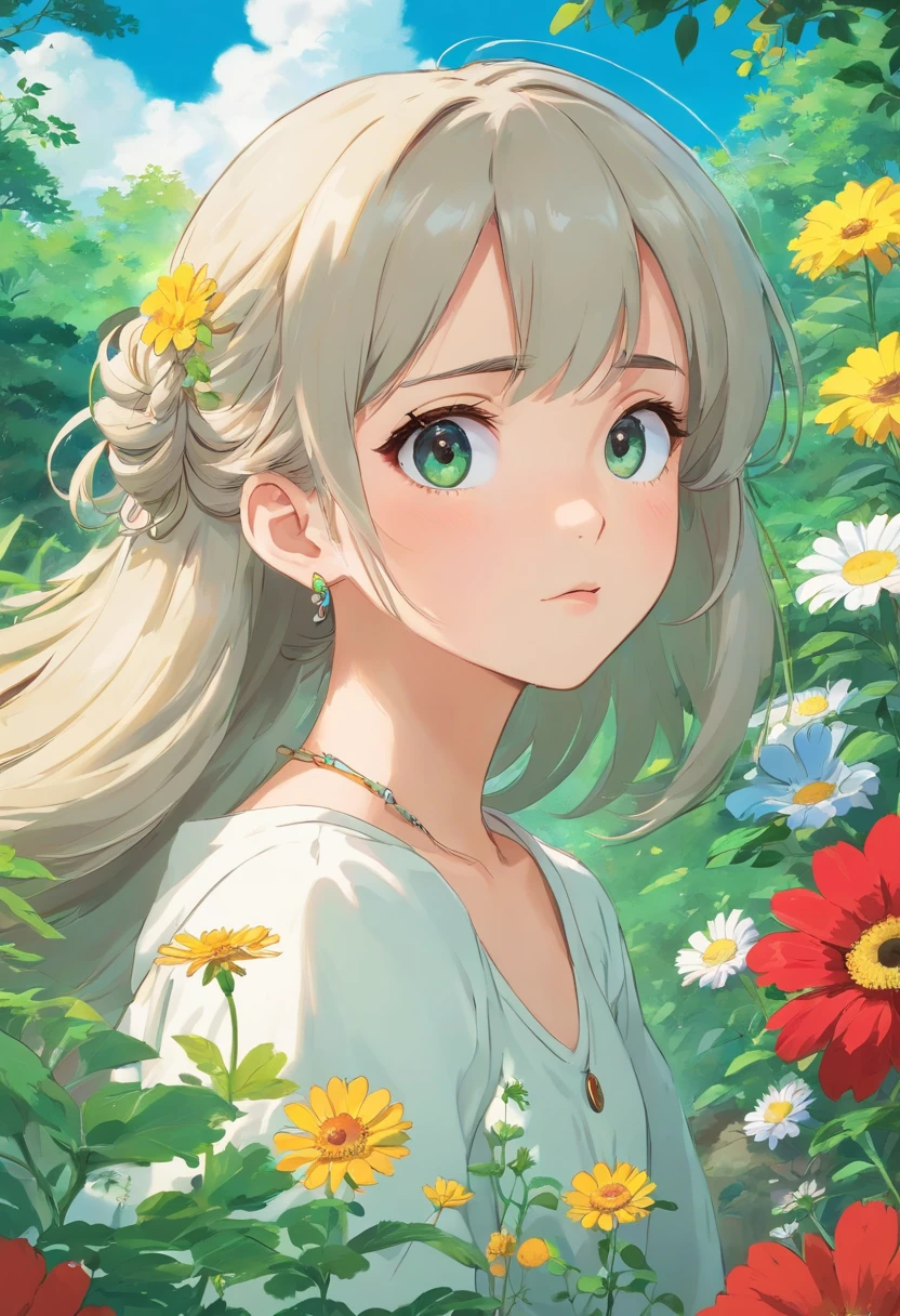 A beautiful girl, hair over the shoulder, clear eyes, smooth hair, exquisite and perfect facial features, the most beautiful big eyes, long eyelashes, sweet eyes with lying silkworms, pout, dynamic angle, ultimate picture quality, the highest precision, accurate and perfect human body, necklace, bust, close-up, outdoors, background is flowers and plants, long shot,